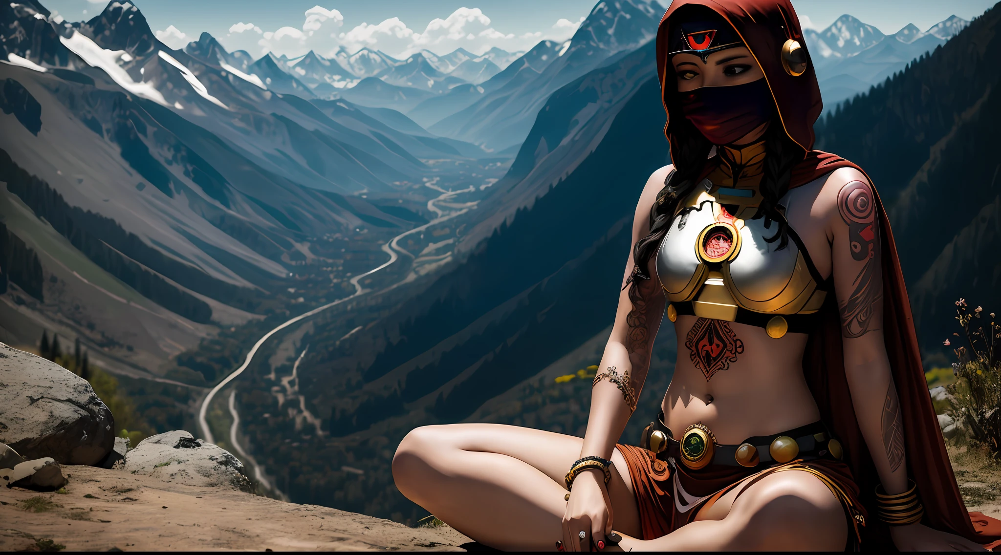 Young tantric priestess with percings tattoos and an ironman mask on her body meditating on a mountain --auto