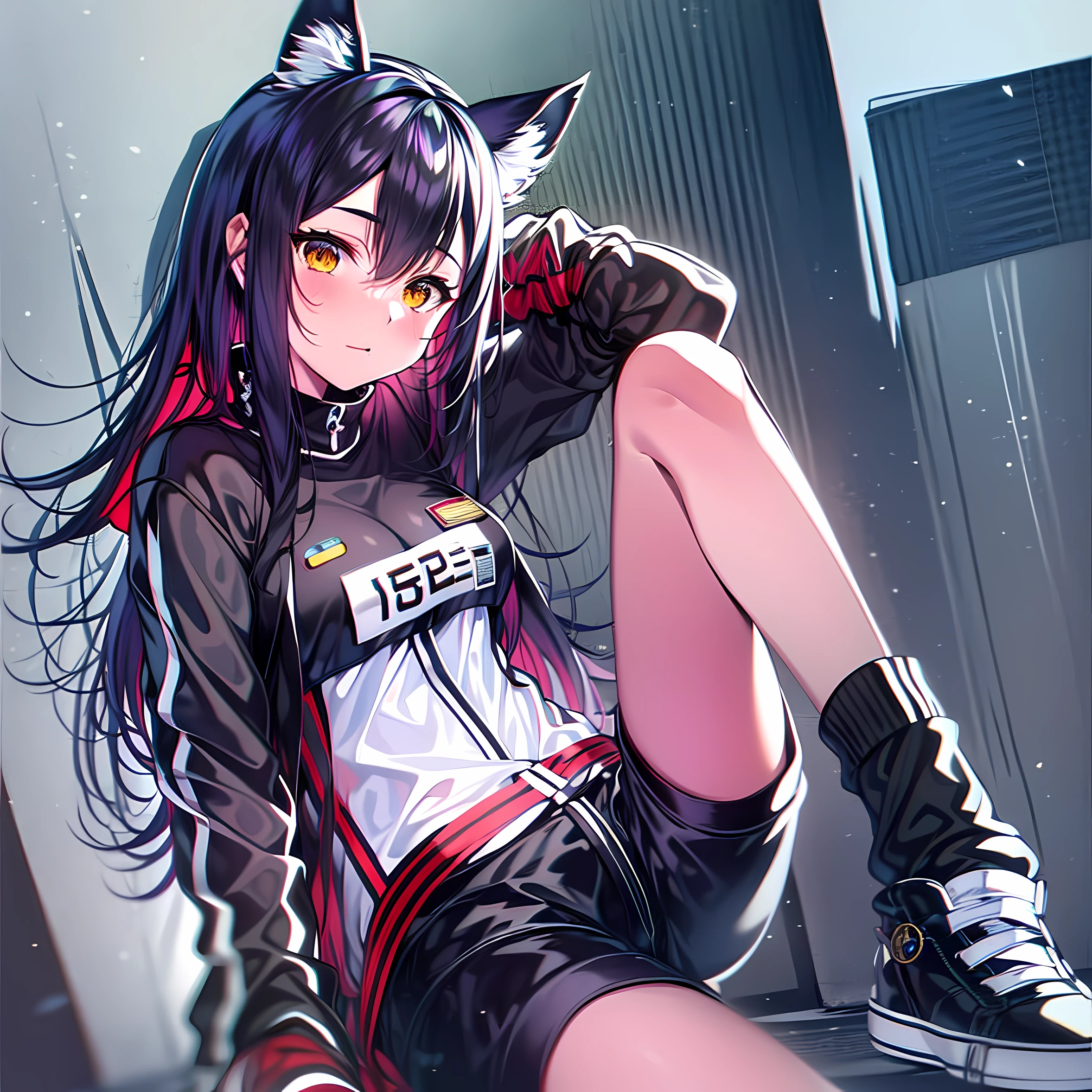 1girl, animal ears, dark hair, medium hair, arknights, intricate details, black shorts, sneakers, street, white jacket, yellow katana, badge