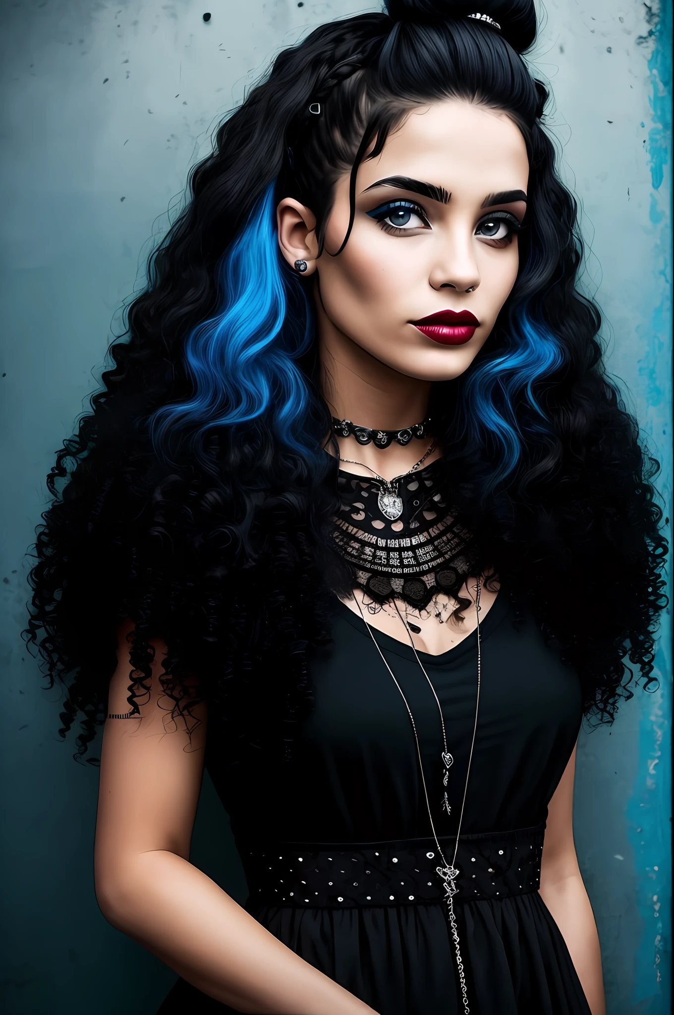 Mulher negra,gotica,roupa vitoriana,cabelo azul,cabelo punk