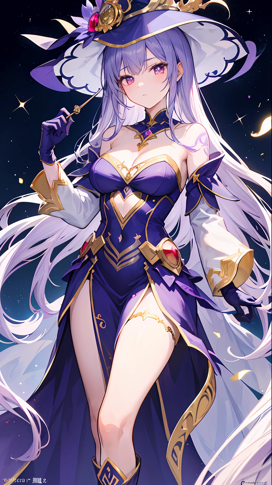 1girll, sorceress woman,red pupils,Gorgeous Hair in Long Purple,flowy,crisp breasts,Toned Thighs,Red tattoo on the thigh,Purple wizard hat,Golden decoration,Purple bandeau dress,Golden decoration,White long-sleeved gloves,White lace knee-length boots,Surrounded by purple tulle,He held a ruby encrusted wand in his hand,starrysky,kosmos,magicle world,Detailed background,Clothing details,perfectly proportioned, Cinematic lighting, filmgrain, Fuji colors, lightand shade contrast, 8K, 巨作, Textured skin, Super detail, high detal, high qulity, A high resolution,