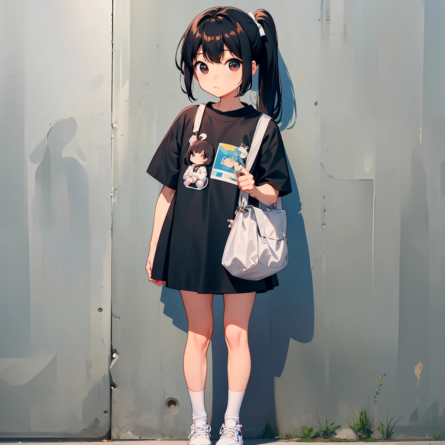 超高分辨率, A cute girl, Black eyes, Black double ponytail, largeeyes, long eyelasher, Stand sideways to look at the audience, Wearing sneakers, Full body photo, white backgrounid, Black tights, Wear a white T-shirt, cuteexpression, Cute short skirt, chibi