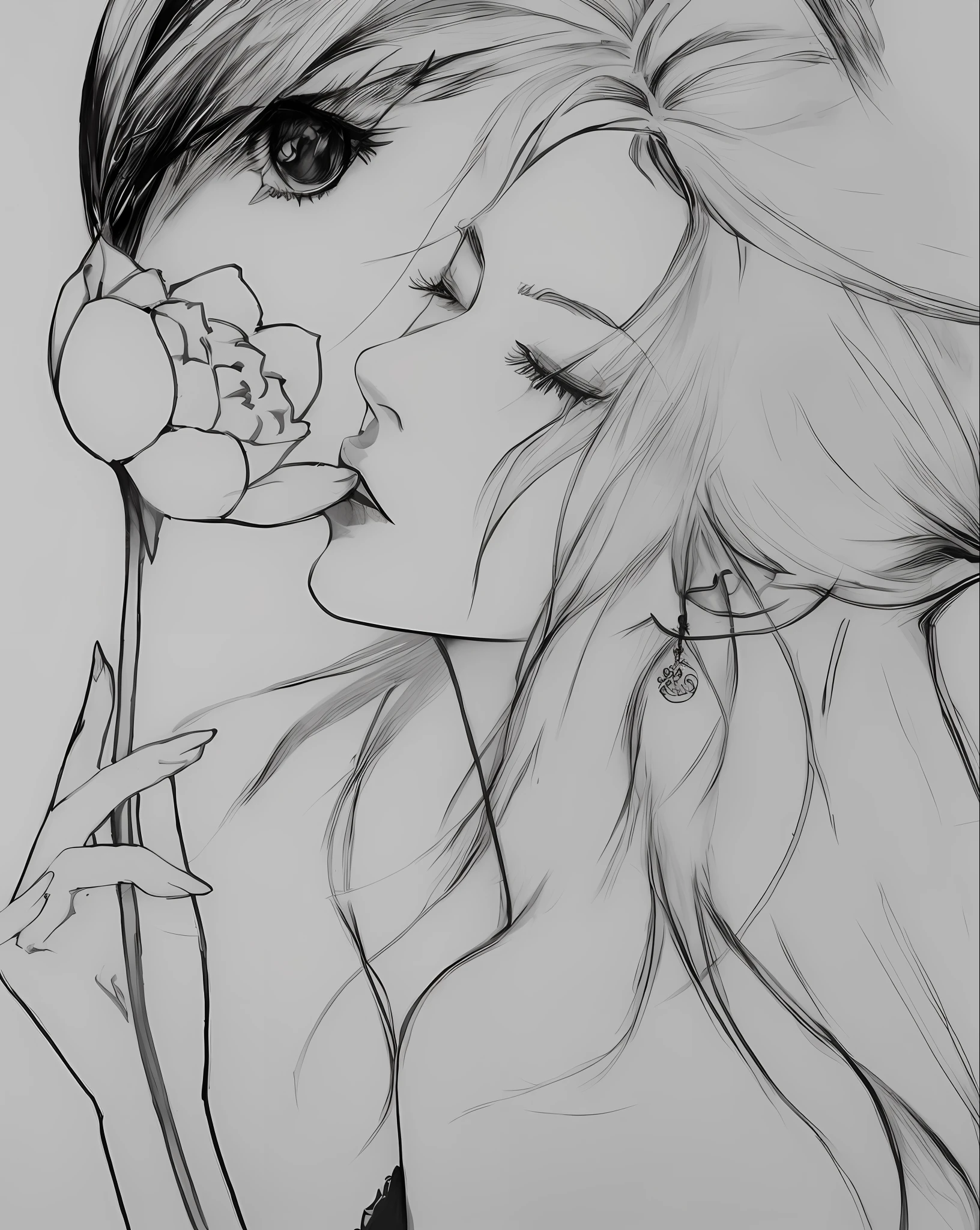 a drawing of a woman with a flower in her hand, beautiful line art, Outline sketch, Simple lines of art, outline art, contour drawing, intense line art, outlined art, perfect lineart, clean lineart, line art, Simple line art, linear art, Black and white sketch, Line art, Line sketch, thick lineart