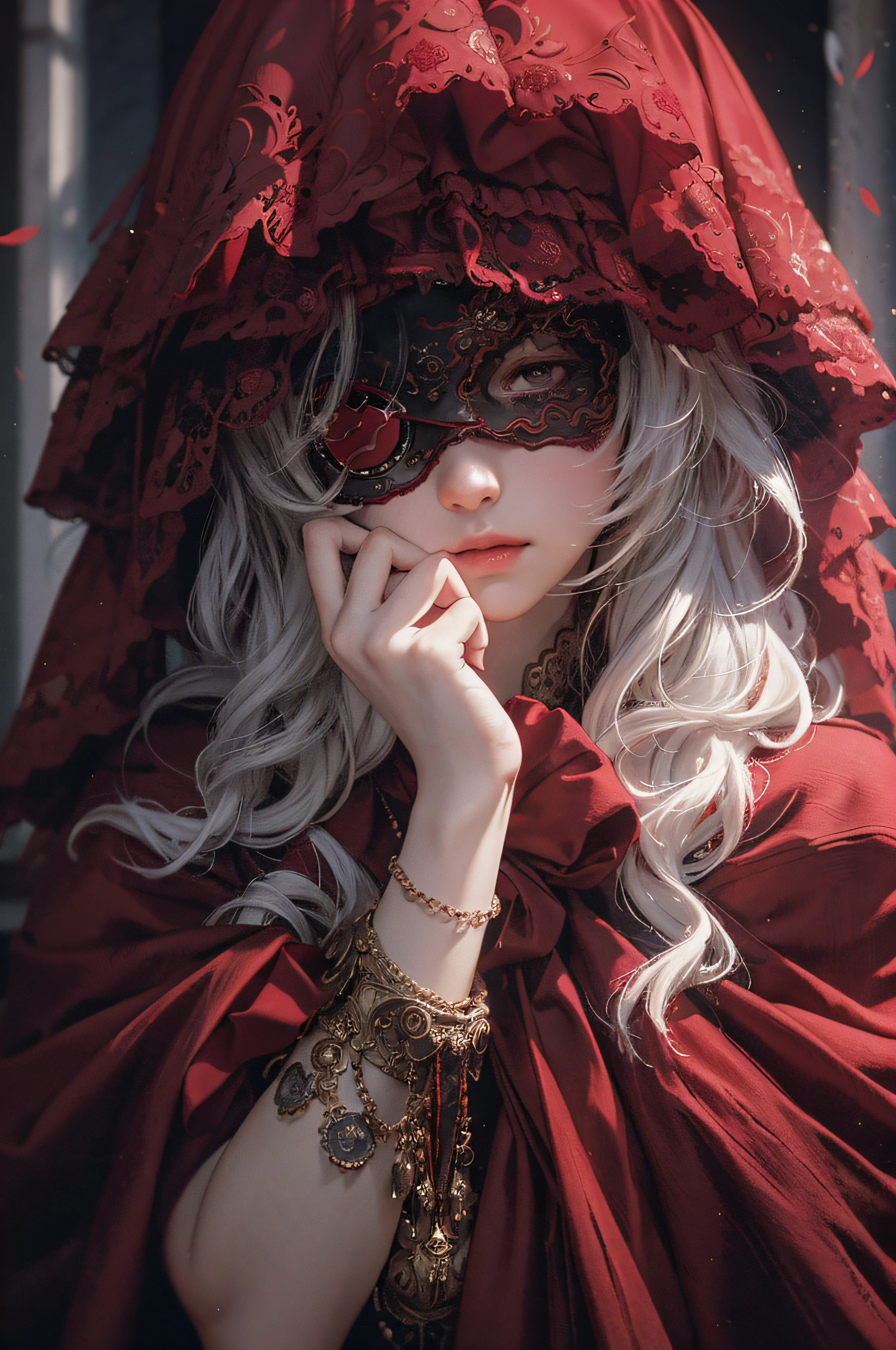 A girl in red wearing an eye patch, in the style of anime art, vray, romantic academia, delicate shading, Dark white, 32k ULTRAHD, Baroque exaggeration