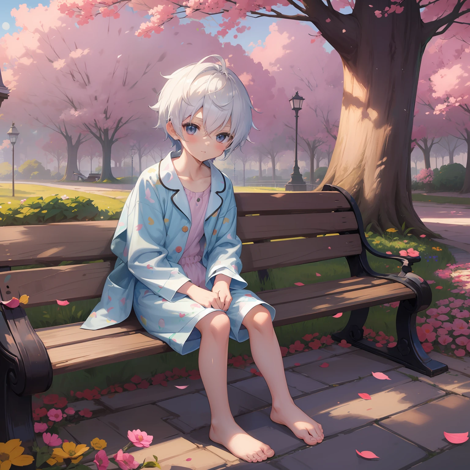 4K), e 7 yeay with white hair and barefoot and romper pajamas, He sits on a bench in the park and shows his feet, und betet, Regentag, Nebel Licht, Impressionismus, 2D, (Dornen: 1.1), (toter Baum: 1.1) Focused on the feet,