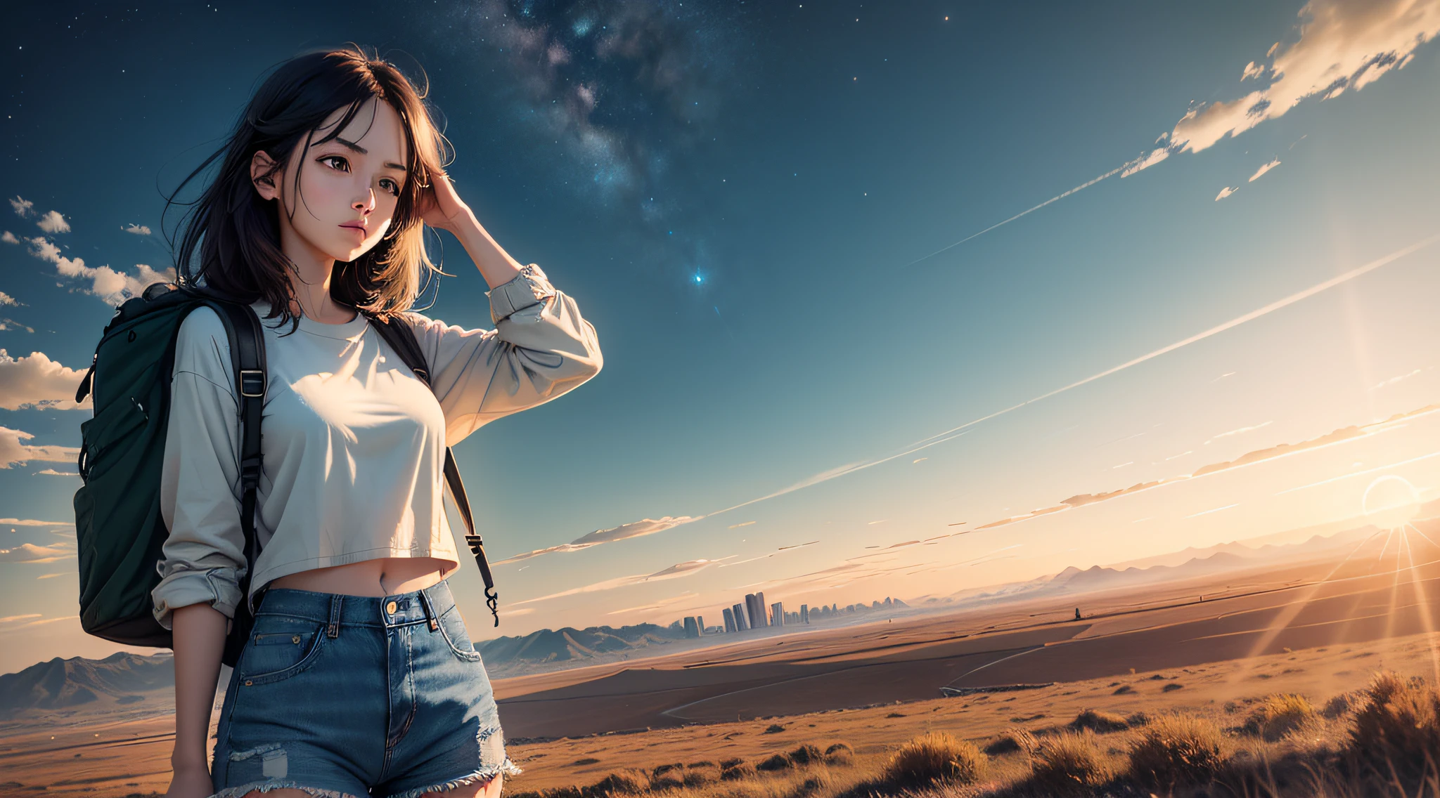 The vast sky, beautiful skyline, large grasslands, extremely tense and dramatic pictures, moving visual effects, the high-hanging Polaris, and colorful natural light. Long-sleeved top, denim shorts, and a girl with a backpack. --auto