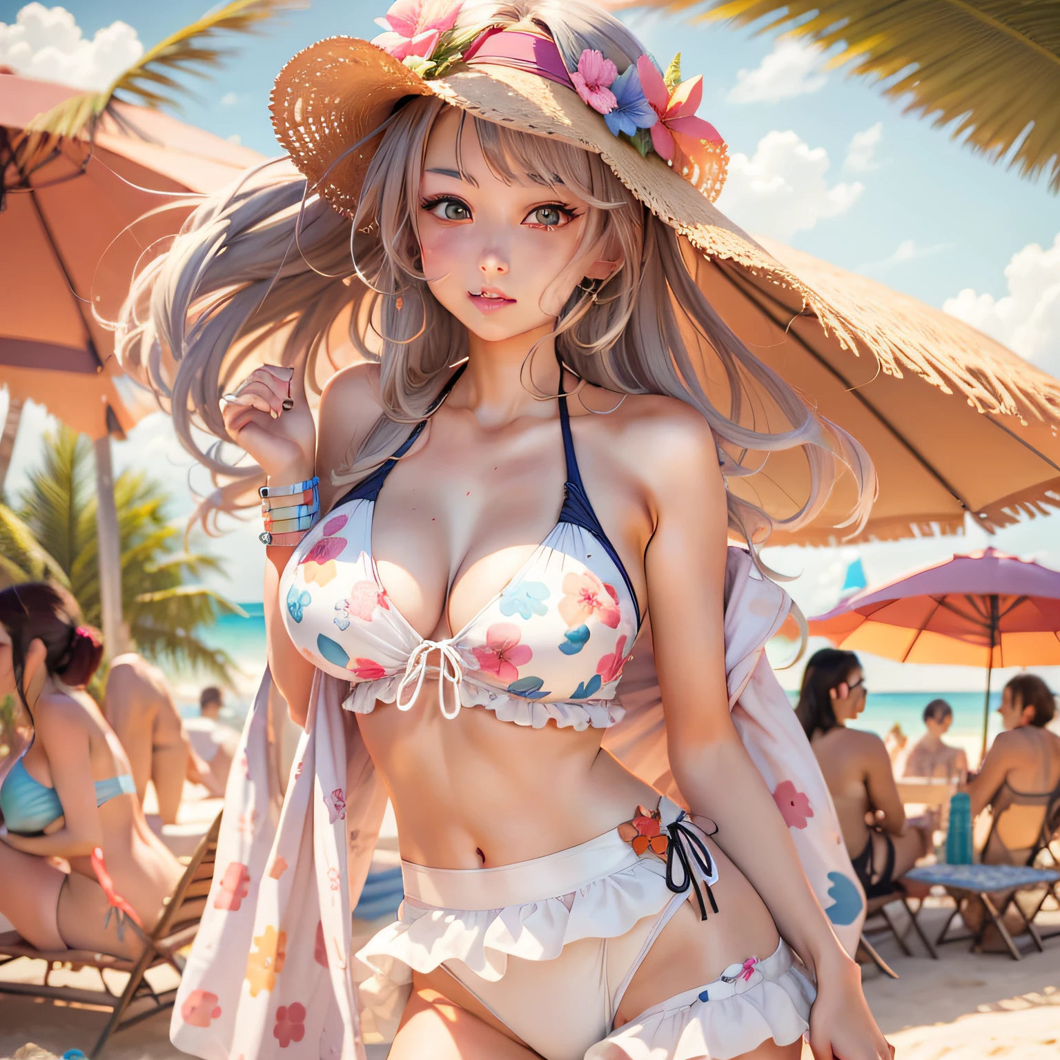 A perfect-faced anime girl in a sexy bikini on the beach, Super fofo, hiper detalhado.