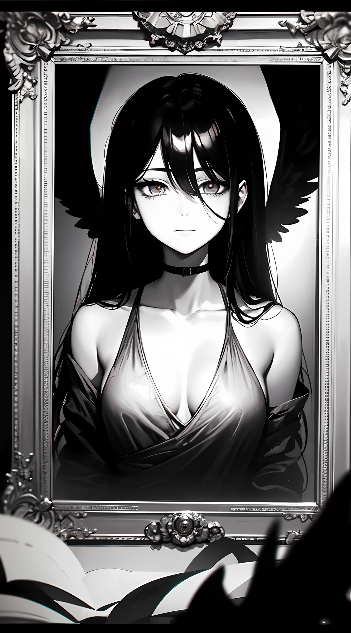 tmasterpiece,Portrait of an angel in prayer,Evil countenance,Three eyes,eye closeds,Black and white wings,A frame eroded by darkness and light