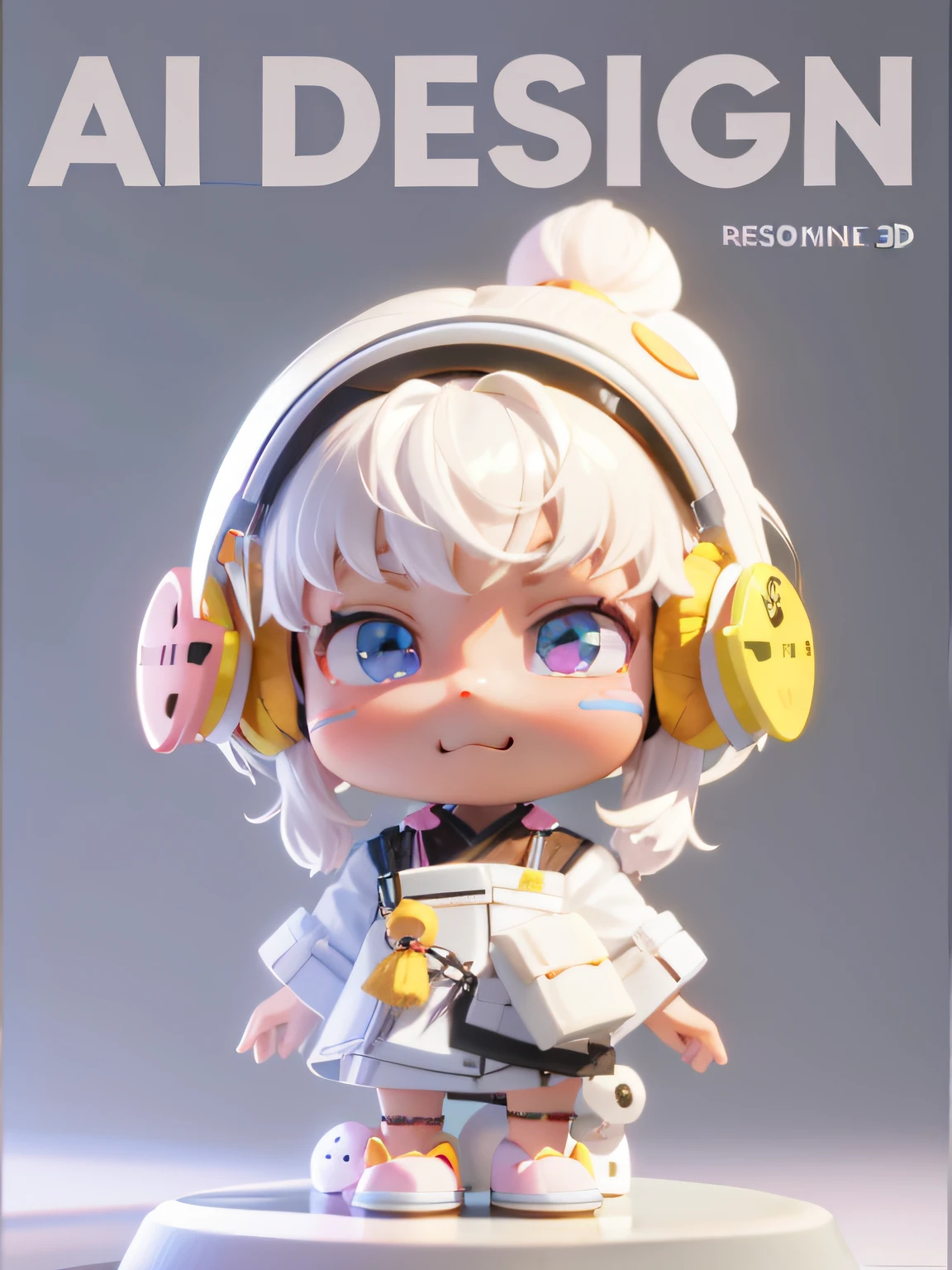 Close-up of toy with headphones on stand, high quality character design, cute 3 d render, 3 D character art, 3 d character, 3d character, vinyl designer toy, interesting character design, pop japonisme 3 d ultra detailed, render of a cute 3d anime girl, Cute! C4D, animation style render