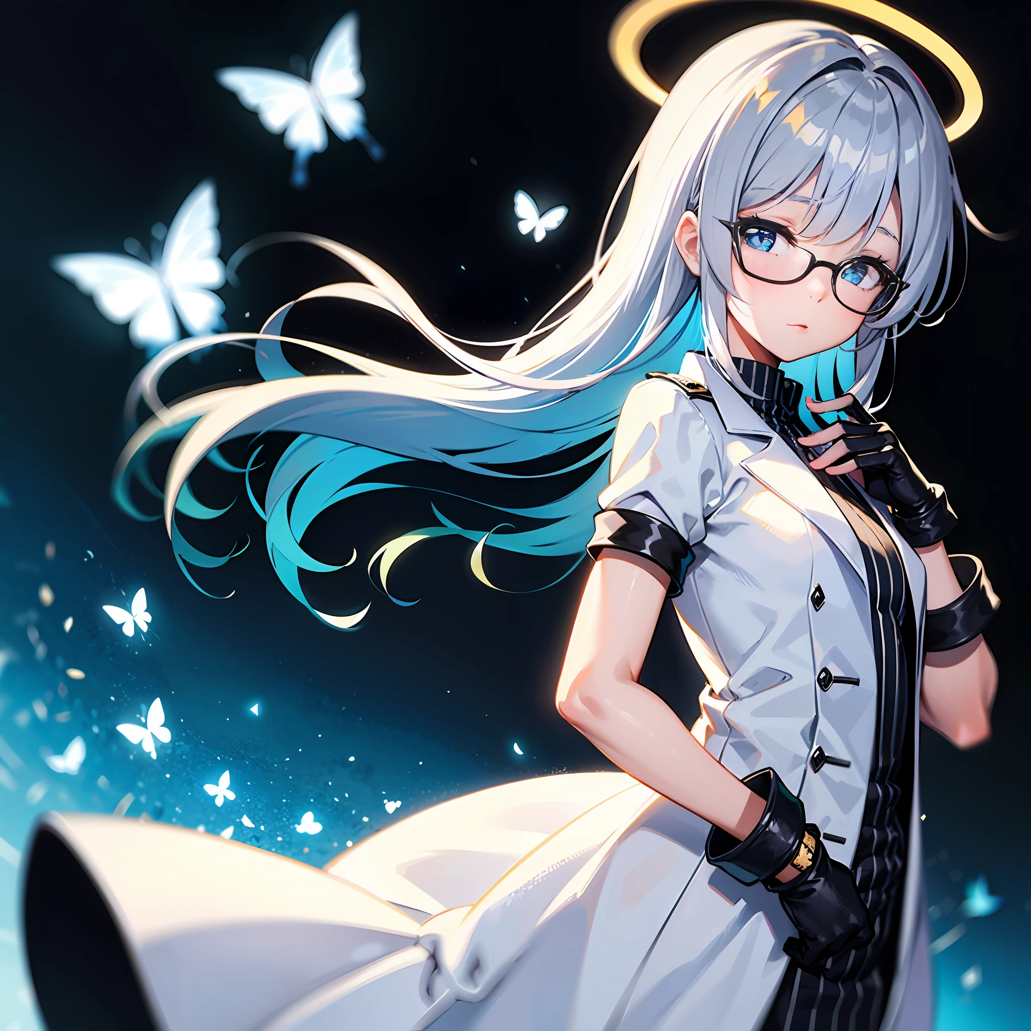 hair bobbles,Flowing silver-blue hair,White striped trench coat,eye glass,Black hat on the head,Black fingerless gloves,solo person,By bangs,glow blue eyes,The halo,Semi-closed Eyes,butterflys