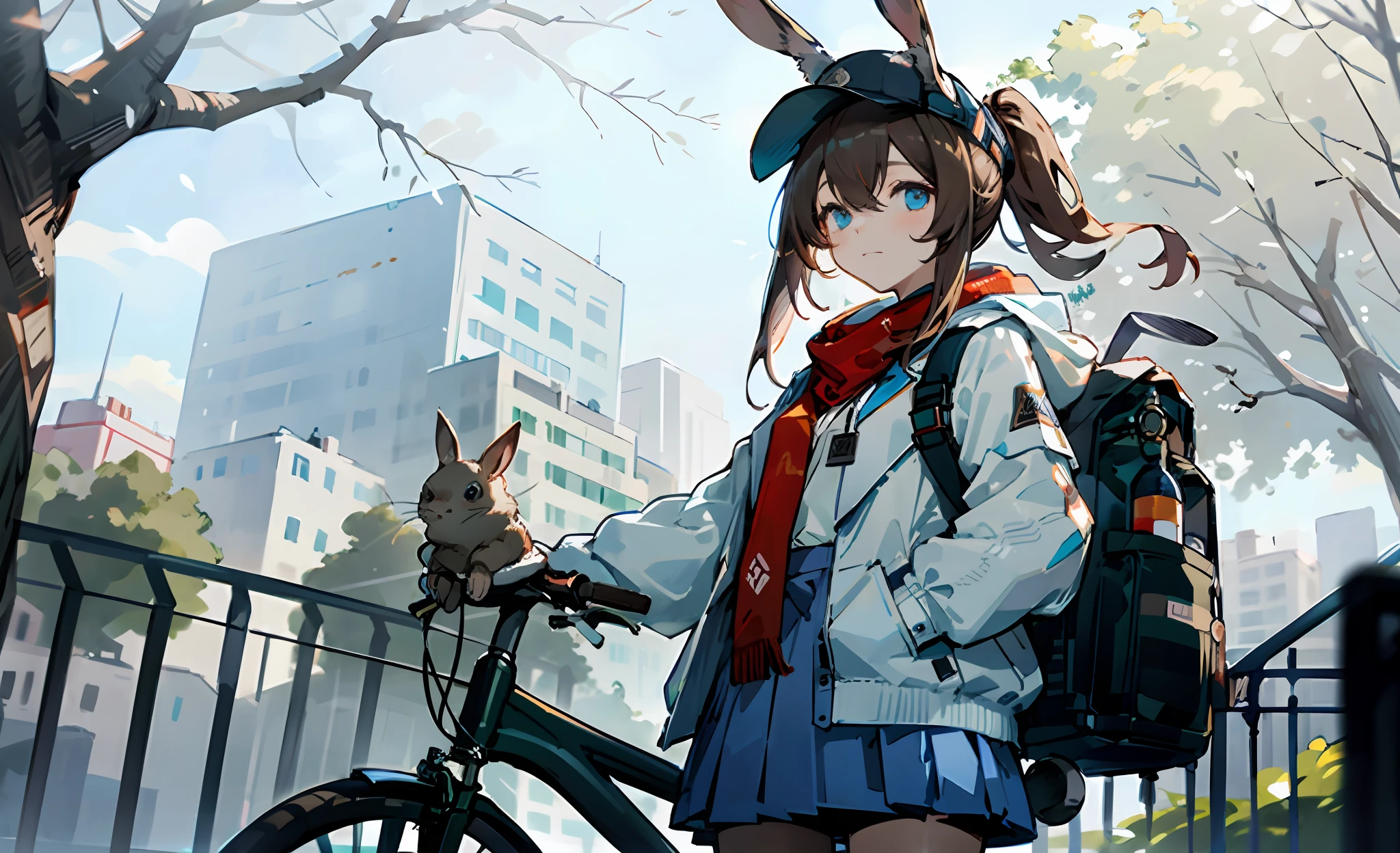 1girl, animal ears, rabbit ears, straight-on,looking at viewer, brown hair, ponytail, expressionless, badge, bangs, blue baseball cap, detailed eyes, clothes writing, white clothes, hood, hood down, standing, long sleeves, closed mouth, (blue skirt:1.05), solo, (light blush:0.9), bare tree, building, city, cityscape, day, outdoors, street, bicycle handle,tree, view from below