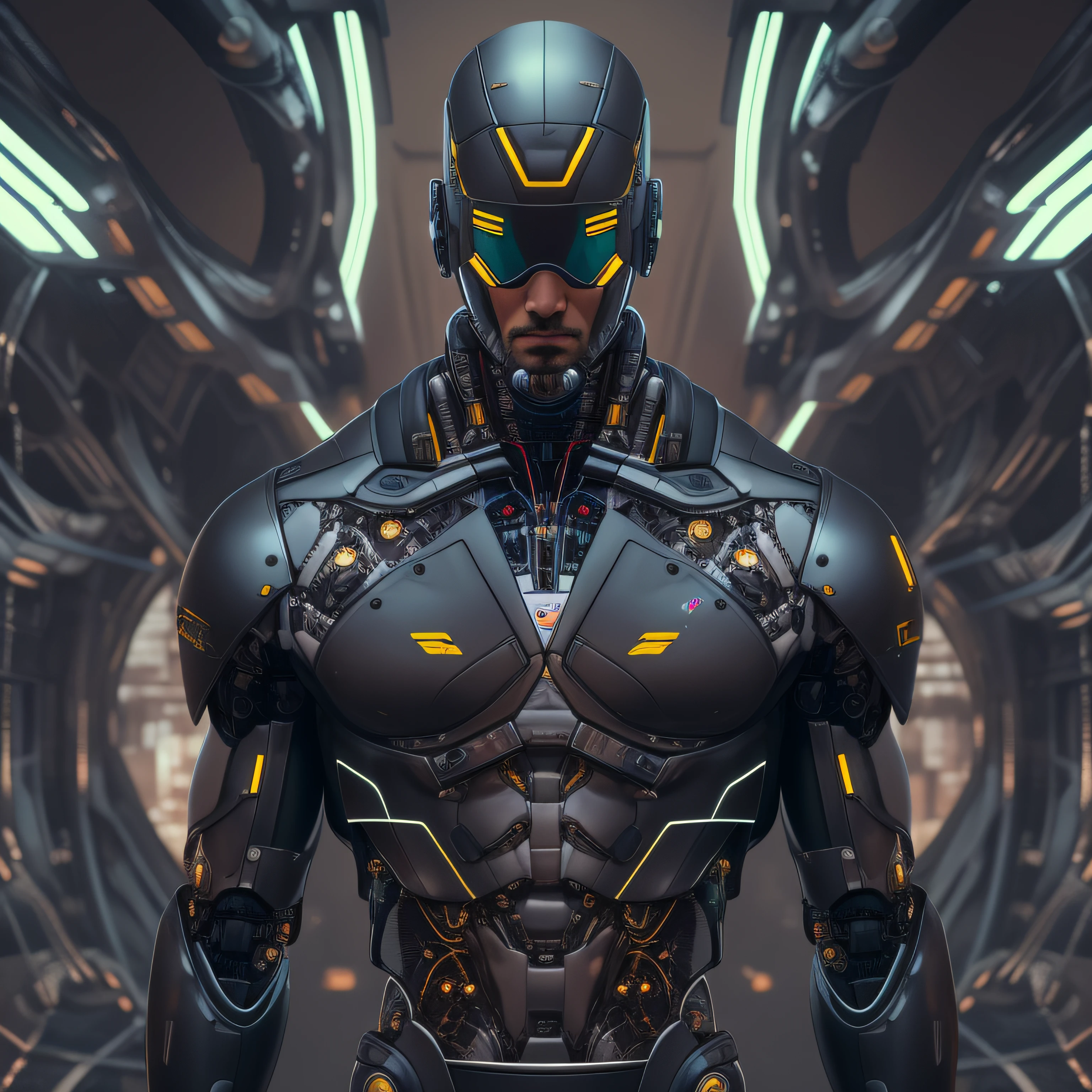 Alafid man in black latex suit,Metallic body, cyberpunk art inspired by Marek Okon, Zbrush Central Contest Winner, Digital art, bionic scifi alexandre ferra, cyborg neck, cyborg male, male cyborg, cyborg fashion model, portrait of a cyborg, detailed portrait of a cyborg, cybernetic neck implant, portrait of a futuristic robot,Muscular macho,whole body display