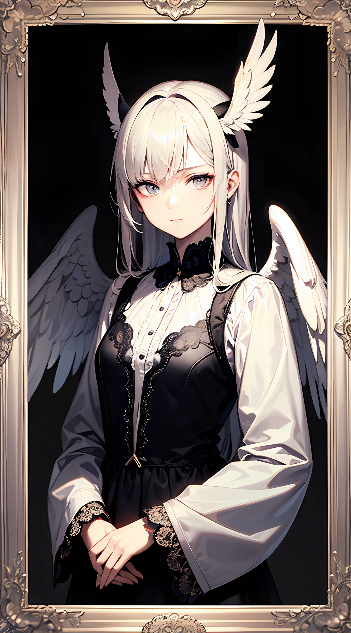 tmasterpiece，Portrait of an angel in prayer，Evil countenance，Three eyes，eye closeds，Black and white wings，A frame eroded by darkness and light