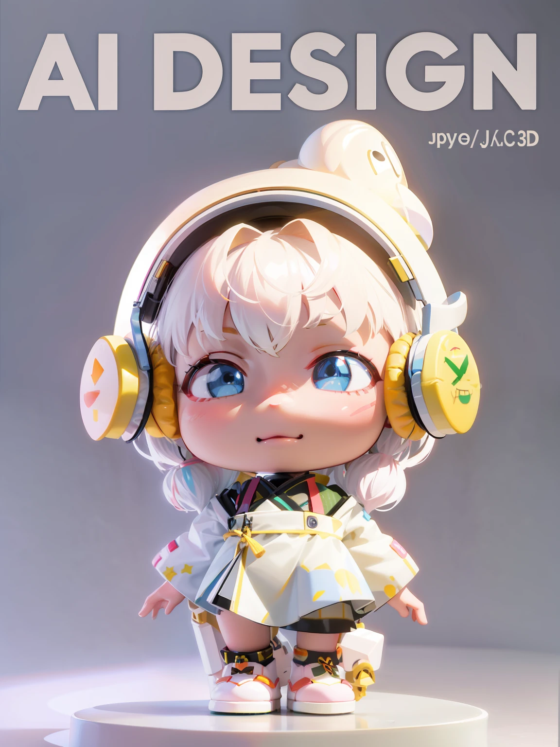 Close-up of toy with headphones on stand, high quality character design, cute 3 d render, 3 D character art, 3 d character, 3d character, vinyl designer toy, interesting character design, pop japonisme 3 d ultra detailed, render of a cute 3d anime girl, Cute! C4D, animation style render