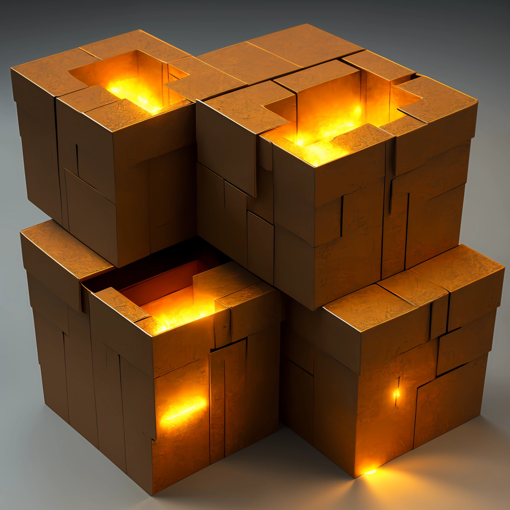 Several square boxes，The box carries an expression，with light glowing，With a sense of oppression，There is a pattern on the box，darkness's background，sci-fy，3D --auto