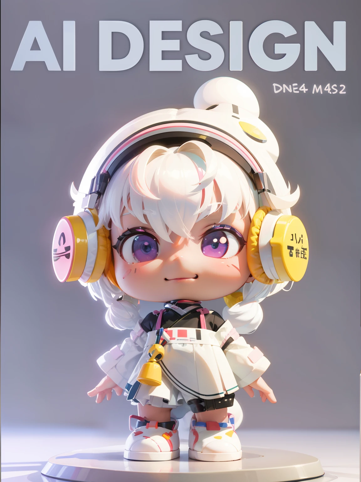 Close-up of toy with headphones on stand, high quality character design, cute 3 d render, 3 D character art, 3 d character, 3d character, vinyl designer toy, interesting character design, pop japonisme 3 d ultra detailed, render of a cute 3d anime girl, Cute! C4D, animation style render