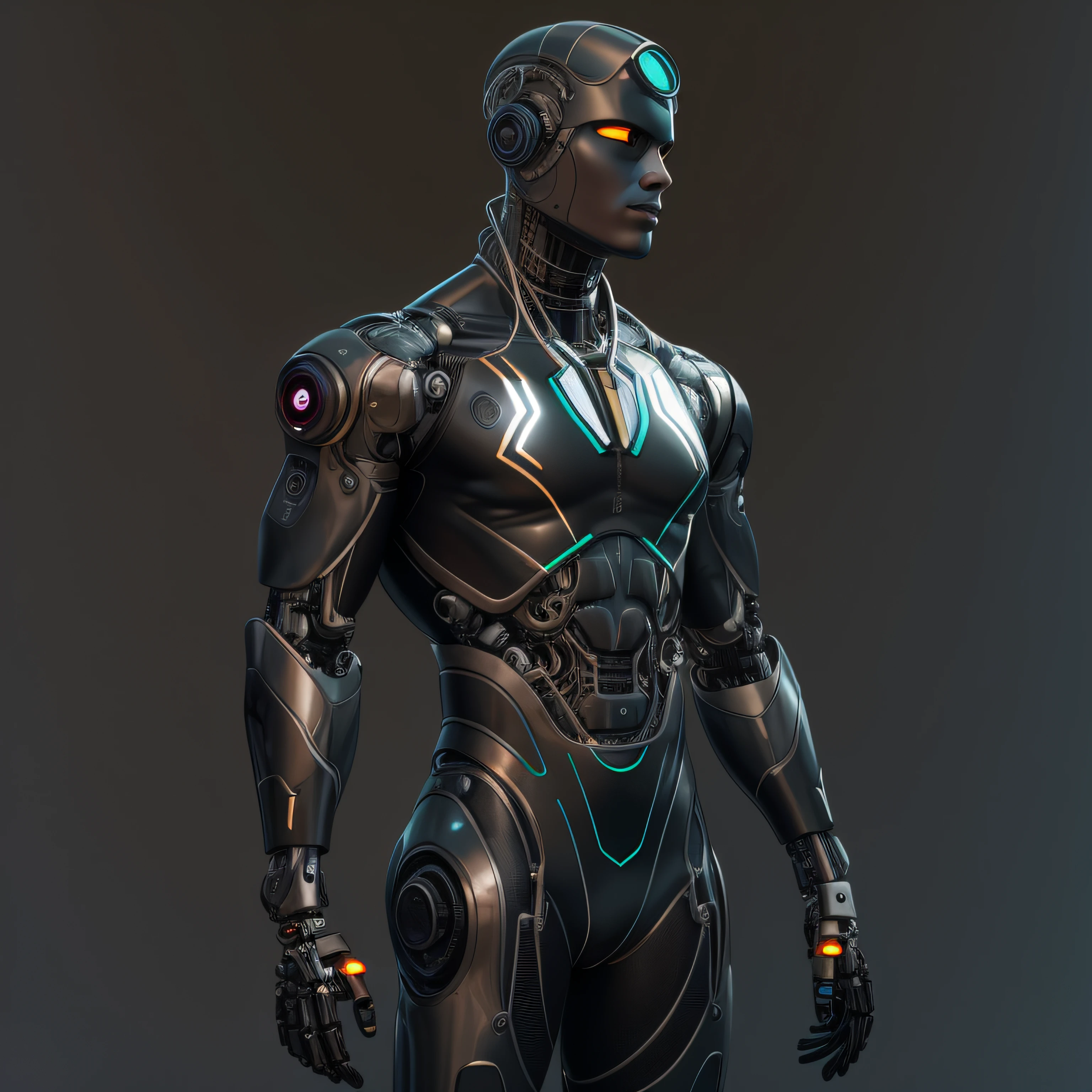 Alafid man in black latex suit，Metallic body, cyberpunk art inspired by Marek Okon, Zbrush Central Contest Winner, Digital art, bionic scifi alexandre ferra, cyborg neck, cyborg male, male cyborg, cyborg fashion model, portrait of a cyborg, detailed portrait of a cyborg, cybernetic neck implant, portrait of a futuristic robot,Muscular macho，whole body display