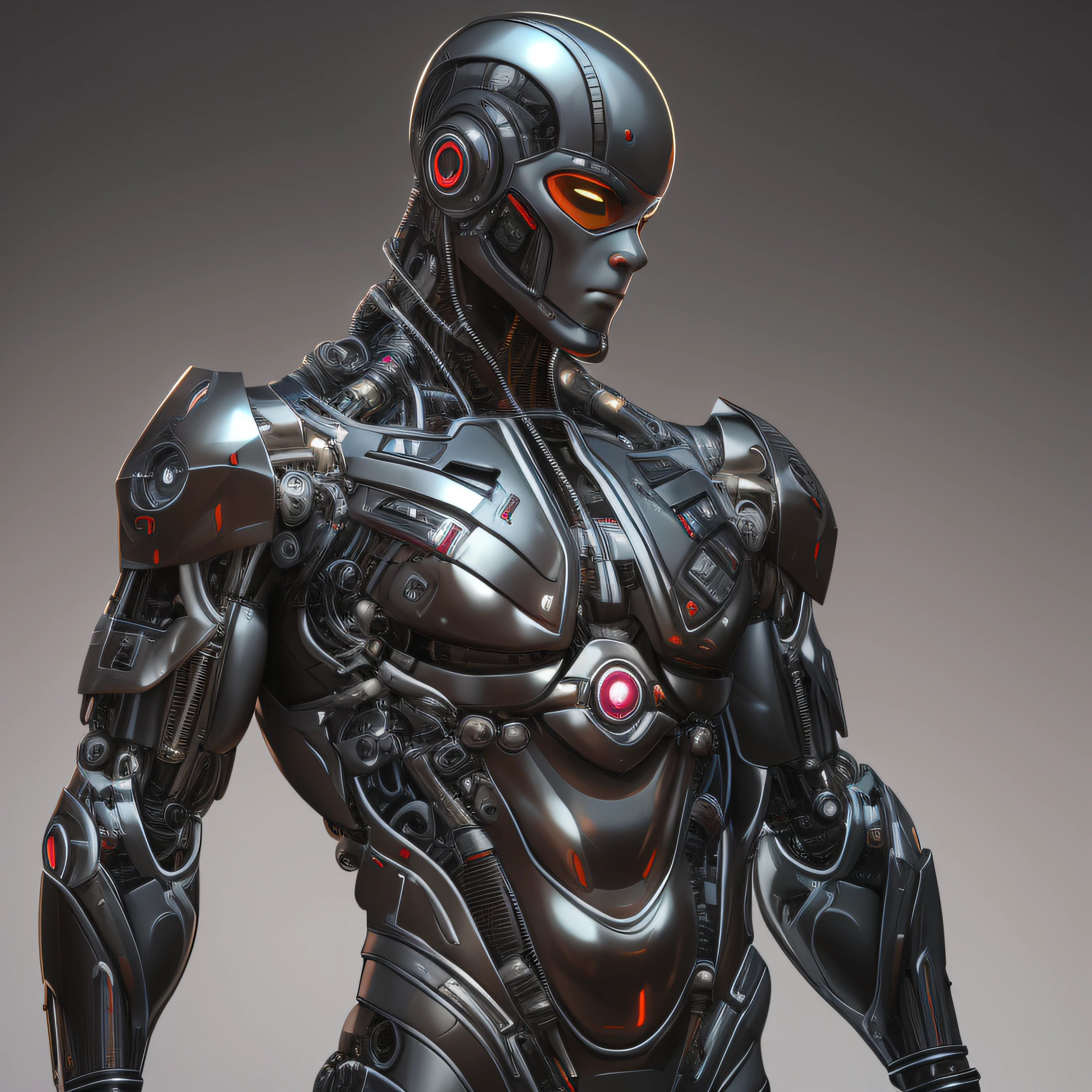 Alafid man in black latex suit,Metallic body, cyberpunk art inspired by Marek Okon, Zbrush Central Contest Winner, Digital art, bionic scifi alexandre ferra, cyborg neck, cyborg male, male cyborg, cyborg fashion model, portrait of a cyborg, detailed portrait of a cyborg, cybernetic neck implant, portrait of a futuristic robot,Muscular macho,whole body display