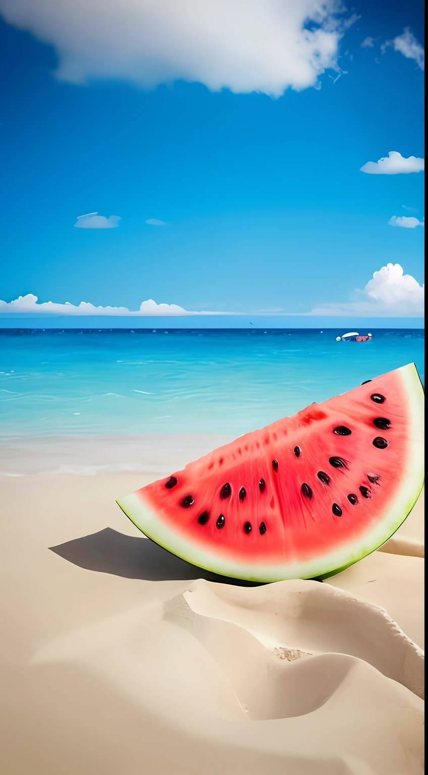 There is a watermelon with an umbrella on the beach, minimalistic composition, water melon, author:Matthias Wescher, slice of life”, beach surreal photography, author:Elaine Hamilton, Beach background, author:Emma Andievska, by Milton Menasco, Summer time, author:Harold von Schmidt, simple but effective composition, water melon, illustratio