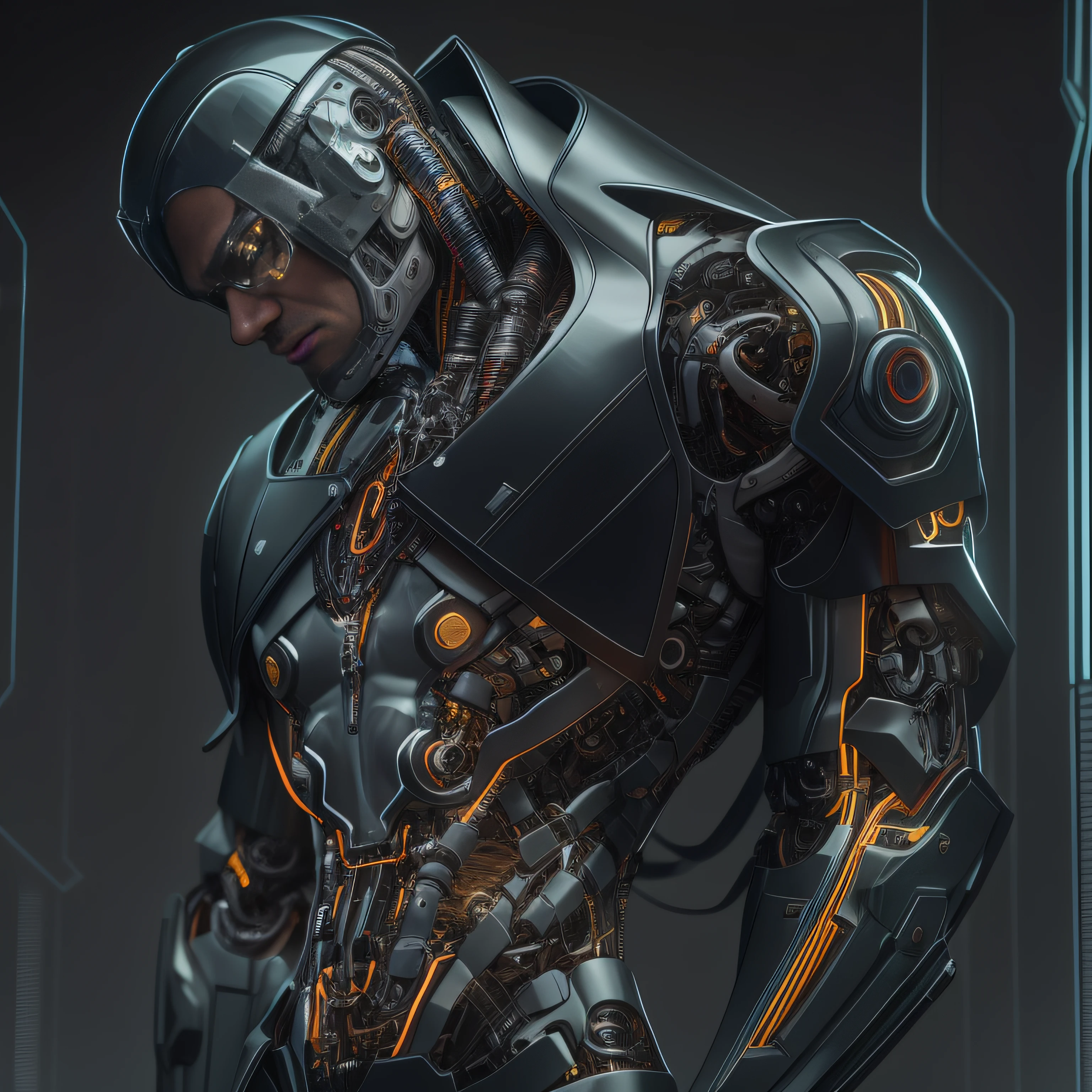 Alafid man in black latex suit，Metallic body, cyberpunk art inspired by Marek Okon, Zbrush Central Contest Winner, Digital art, bionic scifi alexandre ferra, cyborg neck, cyborg male, male cyborg, cyborg fashion model, portrait of a cyborg, detailed portrait of a cyborg, cybernetic neck implant, portrait of a futuristic robot,Muscular macho，whole body display