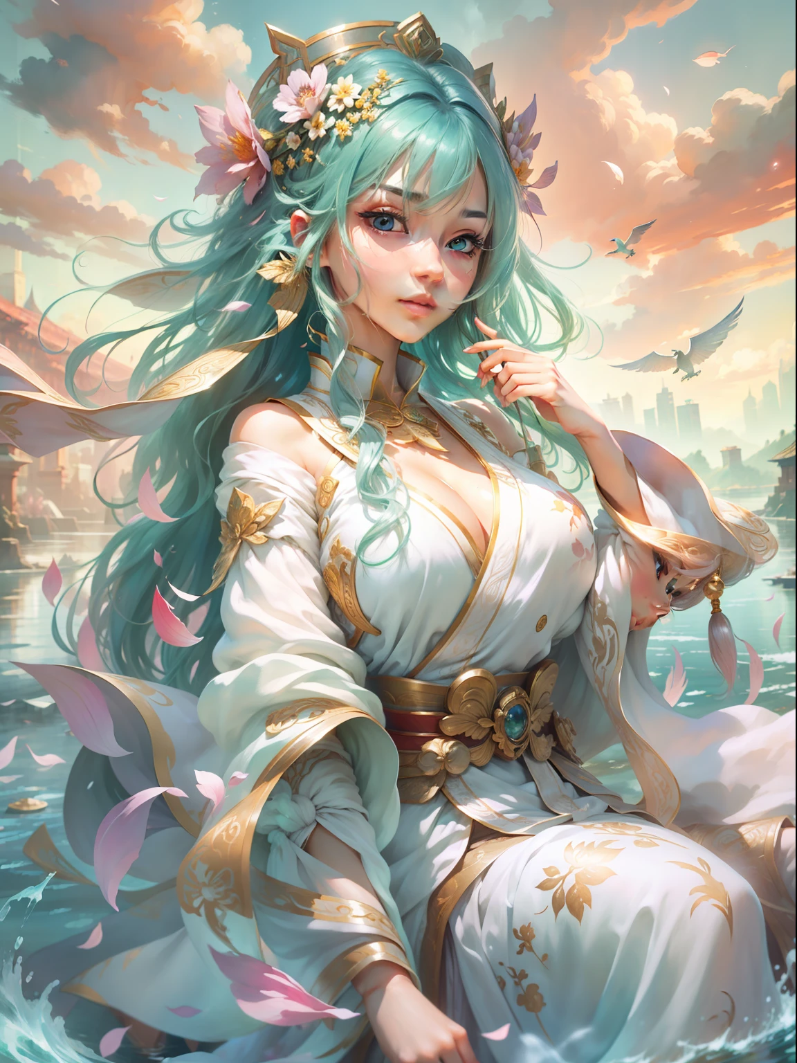 Best image quality、Unique painting style、超詳細、Exquisite CG Unity 8K wallpaper、Beautiful and delicate、flowy、A high resolution、Dynamic angle、Dynamic pose、1个Giant Breast Girl、eBlue eyes、[Colorful hair+silber hair:1.3+redheadwear:1.2+Purple hair big breasts+Yellow-haired:1.3+Green hair:1.3]、White martial arts costume、Neck strap、Beautiful face、water dripping、​​clouds、eventide、Great view、the watercolor style