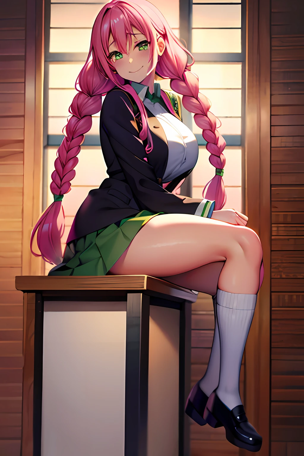 8k high definition, Mitsuri Kanroji, pink hair, green hair, braids, huge natural breasts, seductive pose, shy embarrassed smile, arms behind back, leaning forward, hashira uniform, demon slayer uniform