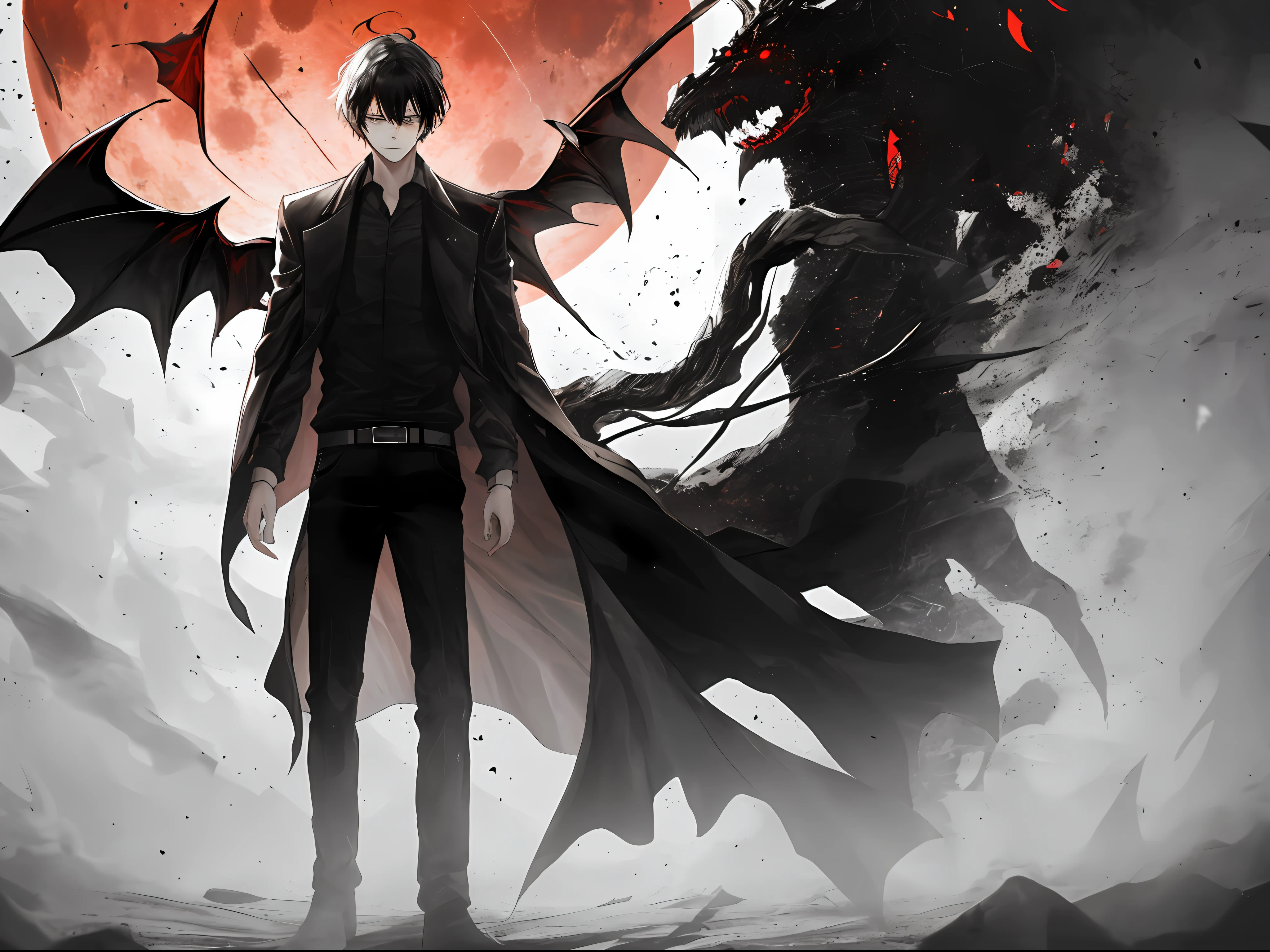 A boy with messy black hair, Dark eyes, A huge demon shadow behind him, dark ambiance, and Red Moon