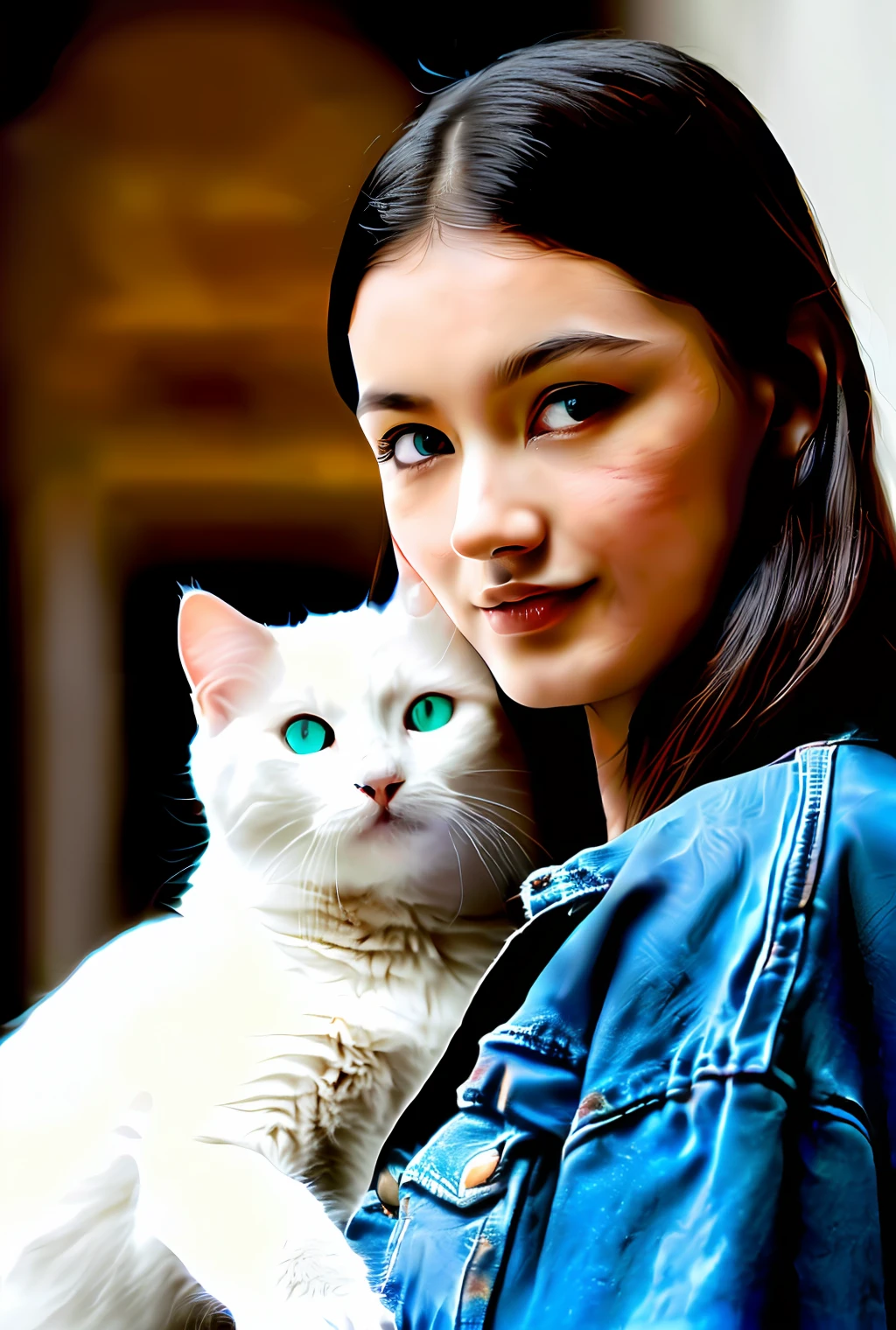 The content is that the girl's face is pressed against the face of the white cat,The point is that the girl's face is close to the cat's face,self-shot,Intimate contact between girl and cat,Rich and delicate details,facing to audience,muted pastel colors,Beautiful cute girl,White cat with green eyes,Cosy,gentle,tmasterpiece,high qulity