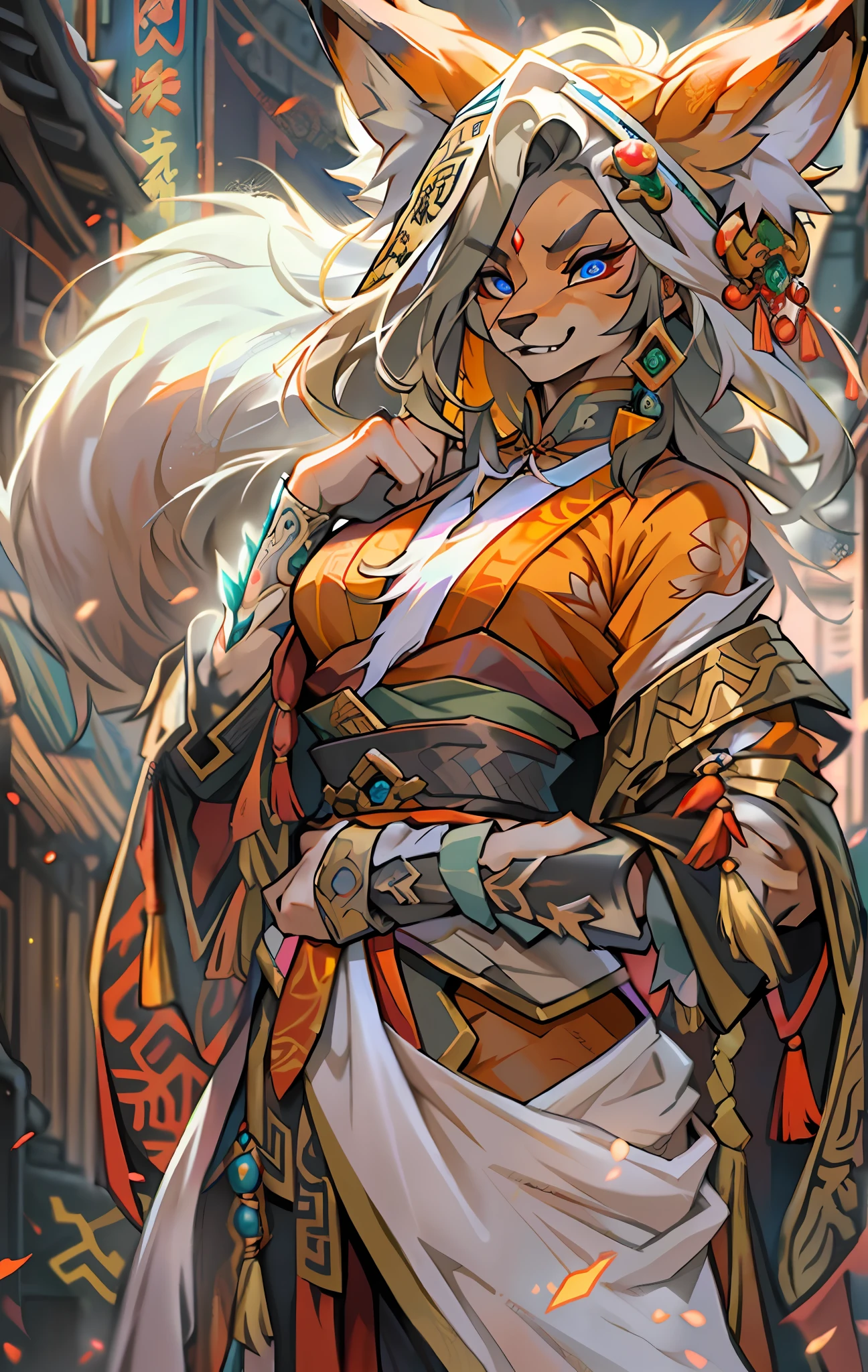 Fox Mage, Full body like，Close-up of the fox mage in the city, Seductive eyes，Fierce，Akira in Chinese mythology, an epic majestical degen trader, bian lian, by Yang J, Chinese Warrior, Anthropomorphic mage fox, Daughter Goku, cgsociety and fenghua zhong, inspired by Li Kan, Epic Mage, Fox warrior woman, White tattered cloak，Armour，Full body standing painting，Fantasy setting, character concept, character art, Character portrait, Cartoon, Best quality, Best resolution, 4K, Vivid colors, Vivid, High detail, best detail, confident pose, extrovert, look from down,