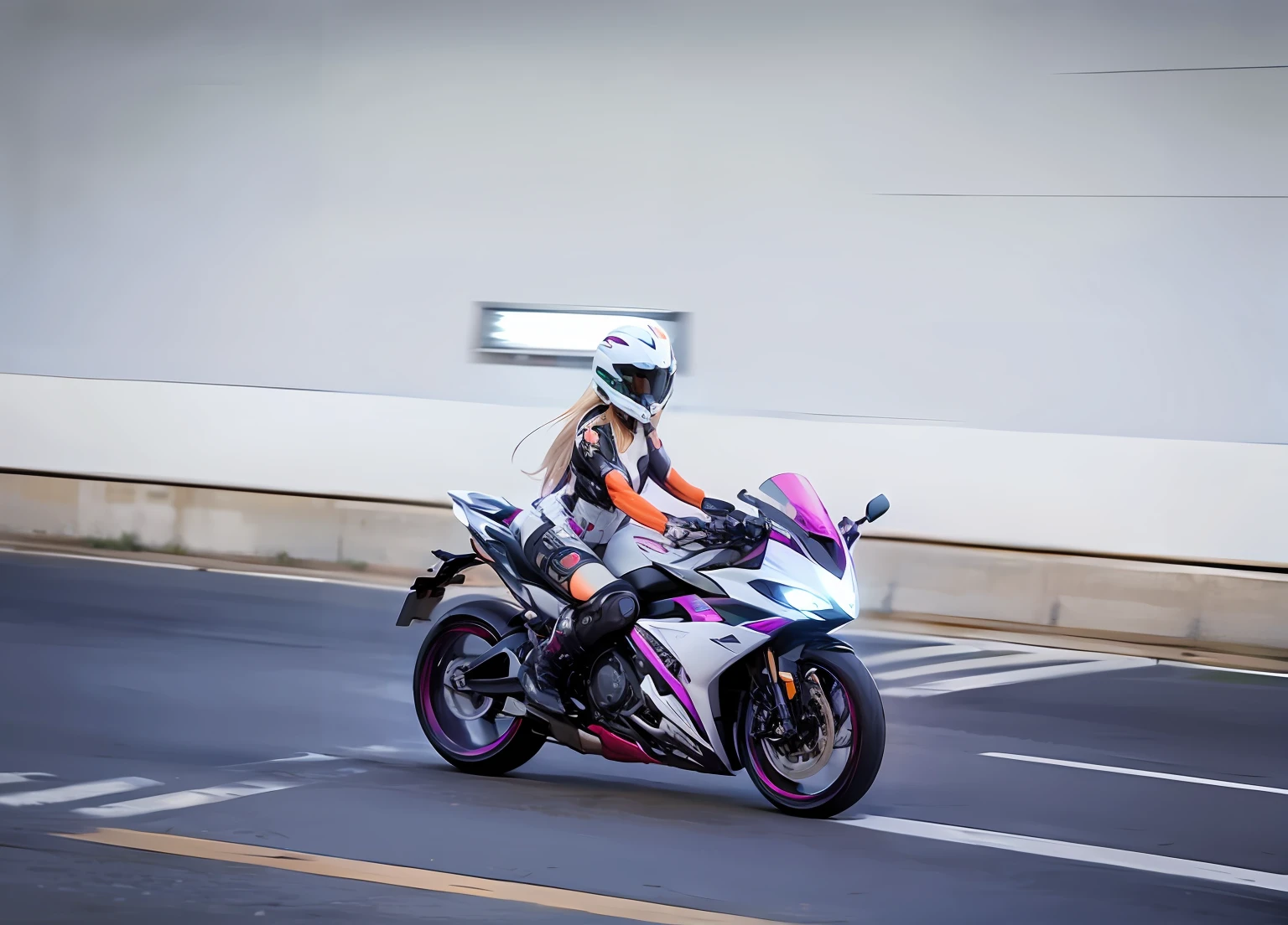 Sexy cyborg riding motorcycle, futuristic city, cyberpunk, depth of field, motion blur, panning shot,