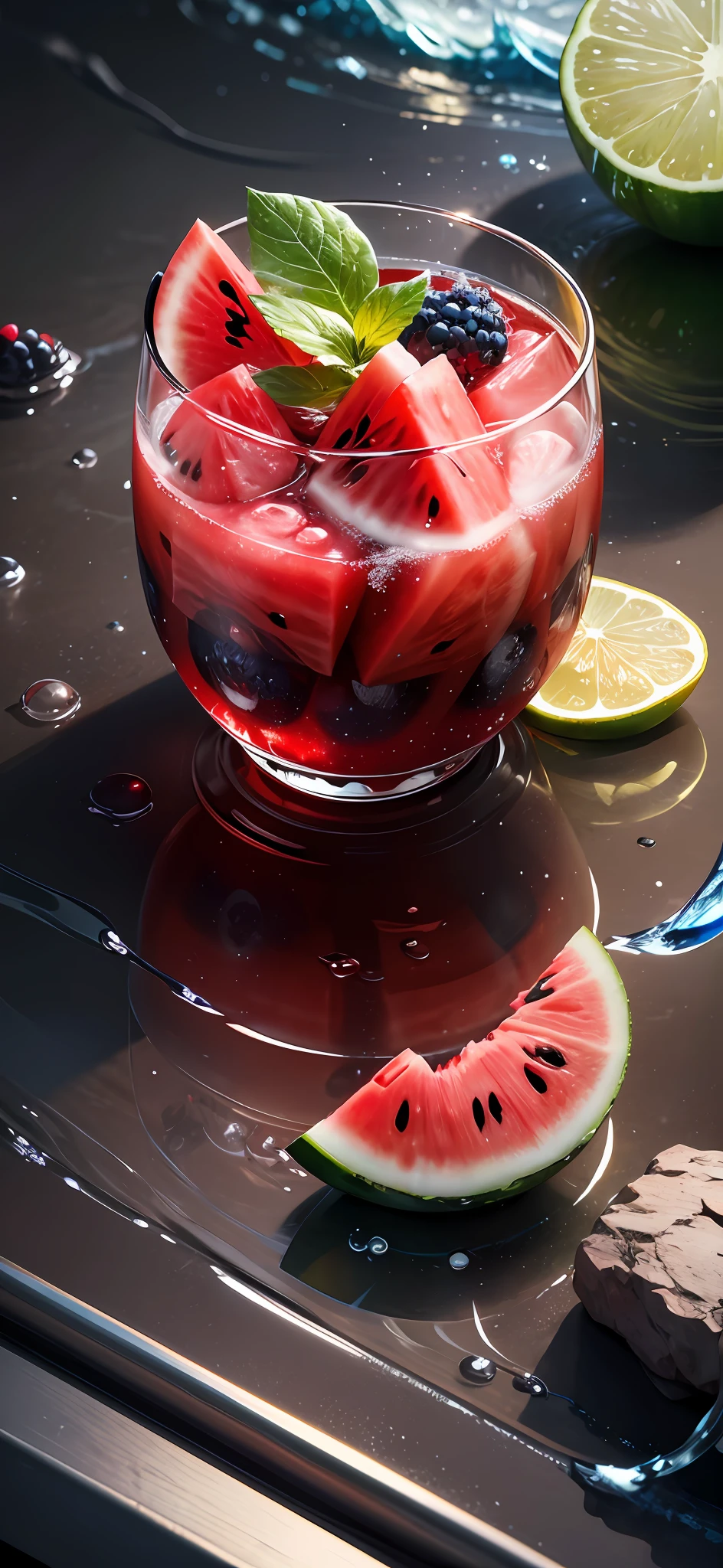 (best qualtiy,8K,32K,tmasterpiece,hyper HD:1.2),water,water melon,ice cubes,lemons,blue berry