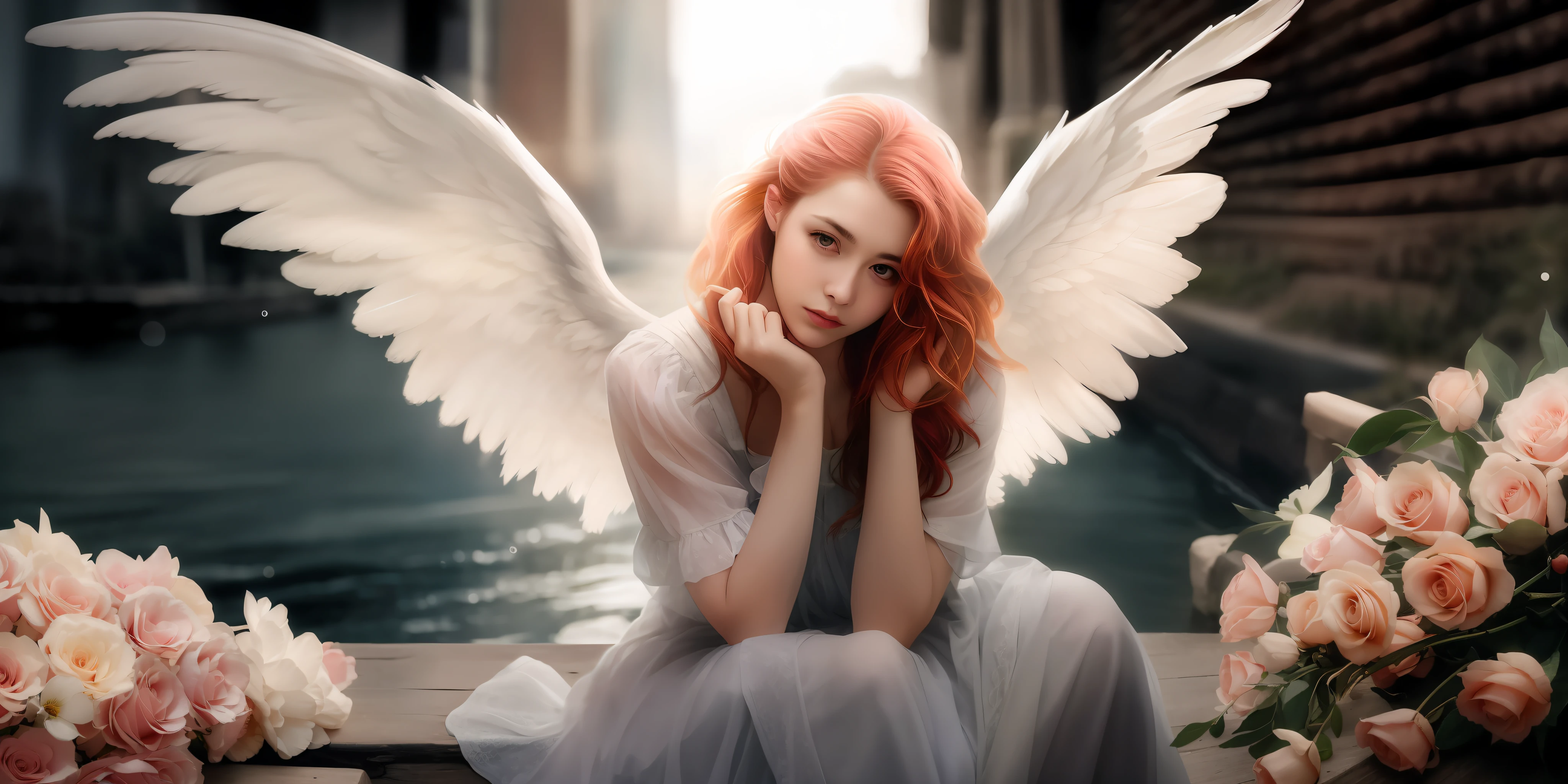 There was a woman with red hair and white wings sitting by the river,surrounded by flower, of an beautiful angel girl,, Portrait of a beautiful angel, Beautiful digital artwork, Angelic, winged girl angel, beautiful digital art, beautiful angelical wings,Medium photography,natural soft light,rendering by octane,Movie lighting,A high resolution,Photorealistic rendering,Photorealsitic,Soft lighting,