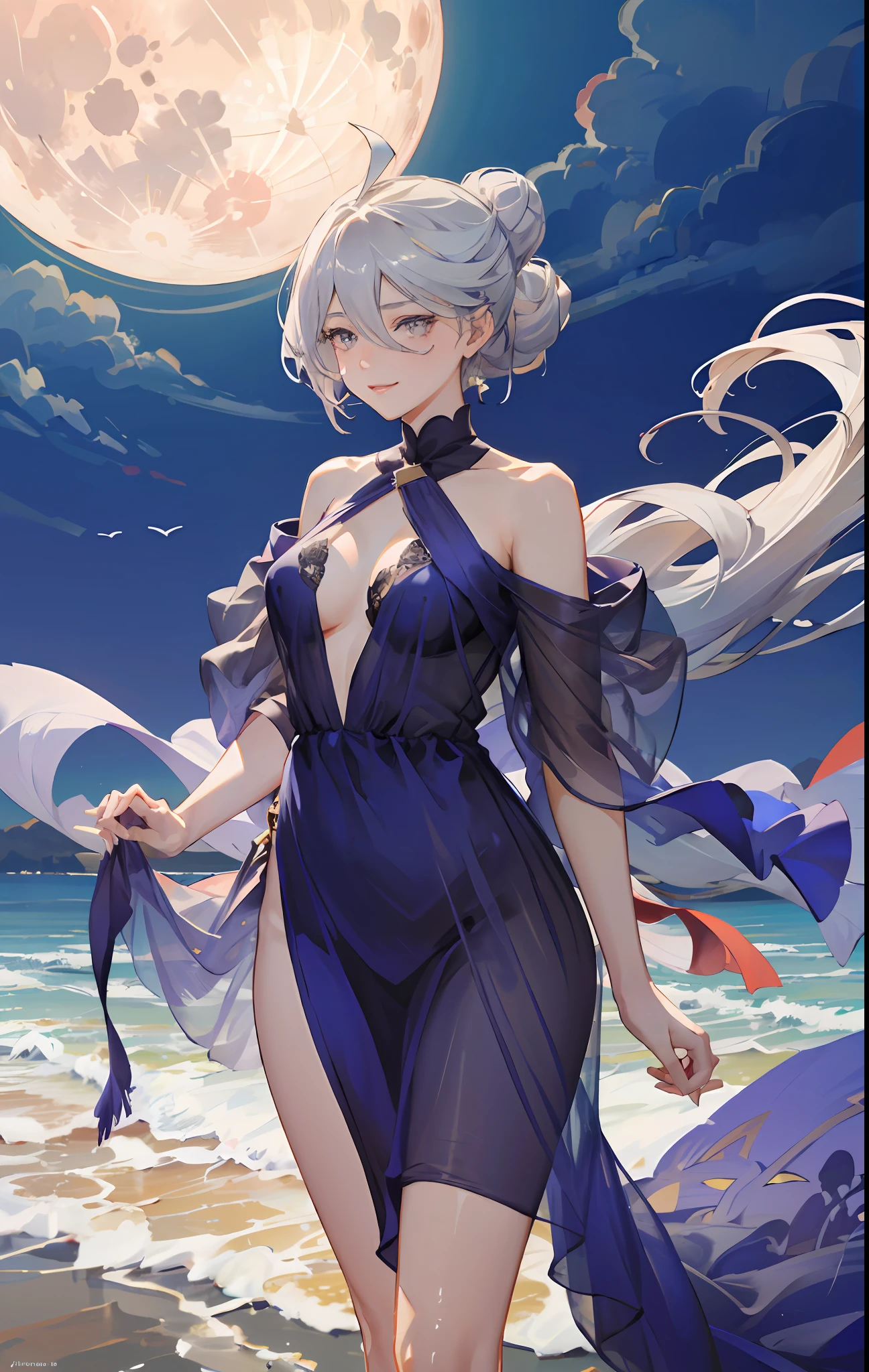 (NSFW), masterpiece, best quality, highres 64k, professional artwork, famous artwork, clean, cinematic lighting, beautiful eyes + detail, beautiful hair + detail, 1girl, (sexy young female body:1.4), (beautiful breasts), lactation, happy:1.3, smile:1.3, sexy looking at the viewer, sexy lips, floating hair, miorine2, 1girl, miorine rembran, hair bun, solo, grey hair, sleeveless dress, ahoge, grey eyes, blue dress, hair between eyes, bangs, bare shoulders, jewellery, medium breasts, cleavage, outdoor, skyline, at night, under the big moon, (see-through, no bra, no panties, )