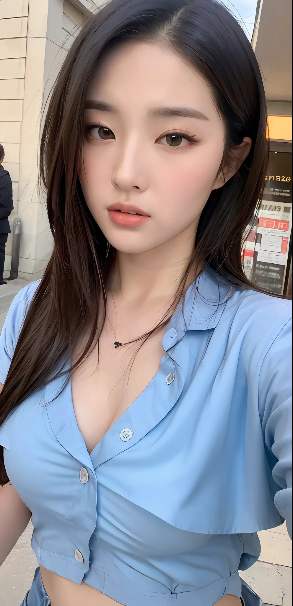 ((Best quality, 8k, Masterpiece :1.3)), Sharp focus: 1.2, Perfect Body Beauty: 1.4, big breast, Slim Abs: 1.2, ((Layered hairstyle: 1.2)), (unbuttoned blouse :1.1), (Street: 1.2), Highly detailed face and skin texture, Fine eyes, Double eyelids