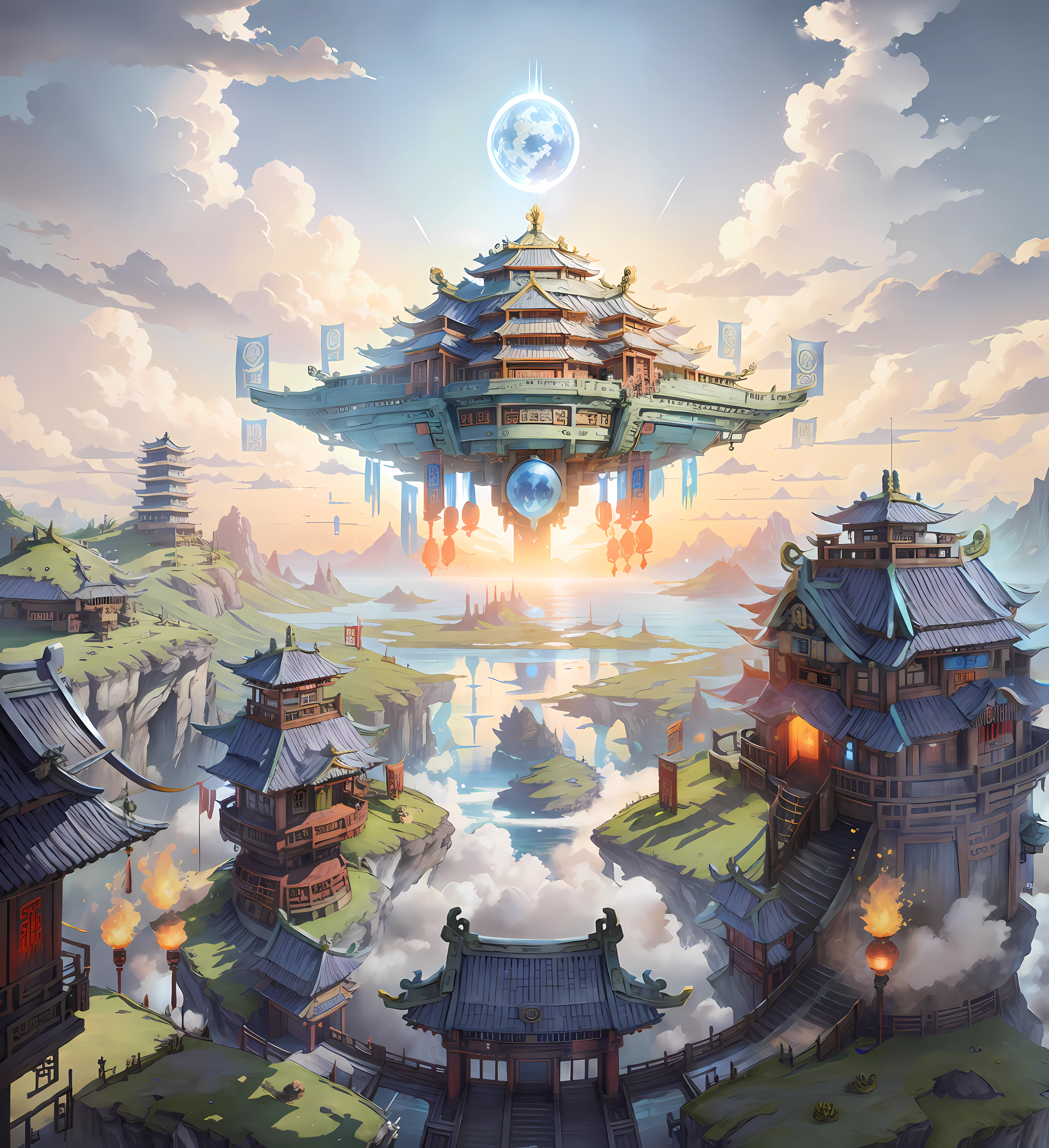 Immortal world, fairy island, sky realm, blue and white tones, science fiction style, ancient Chinese architecture