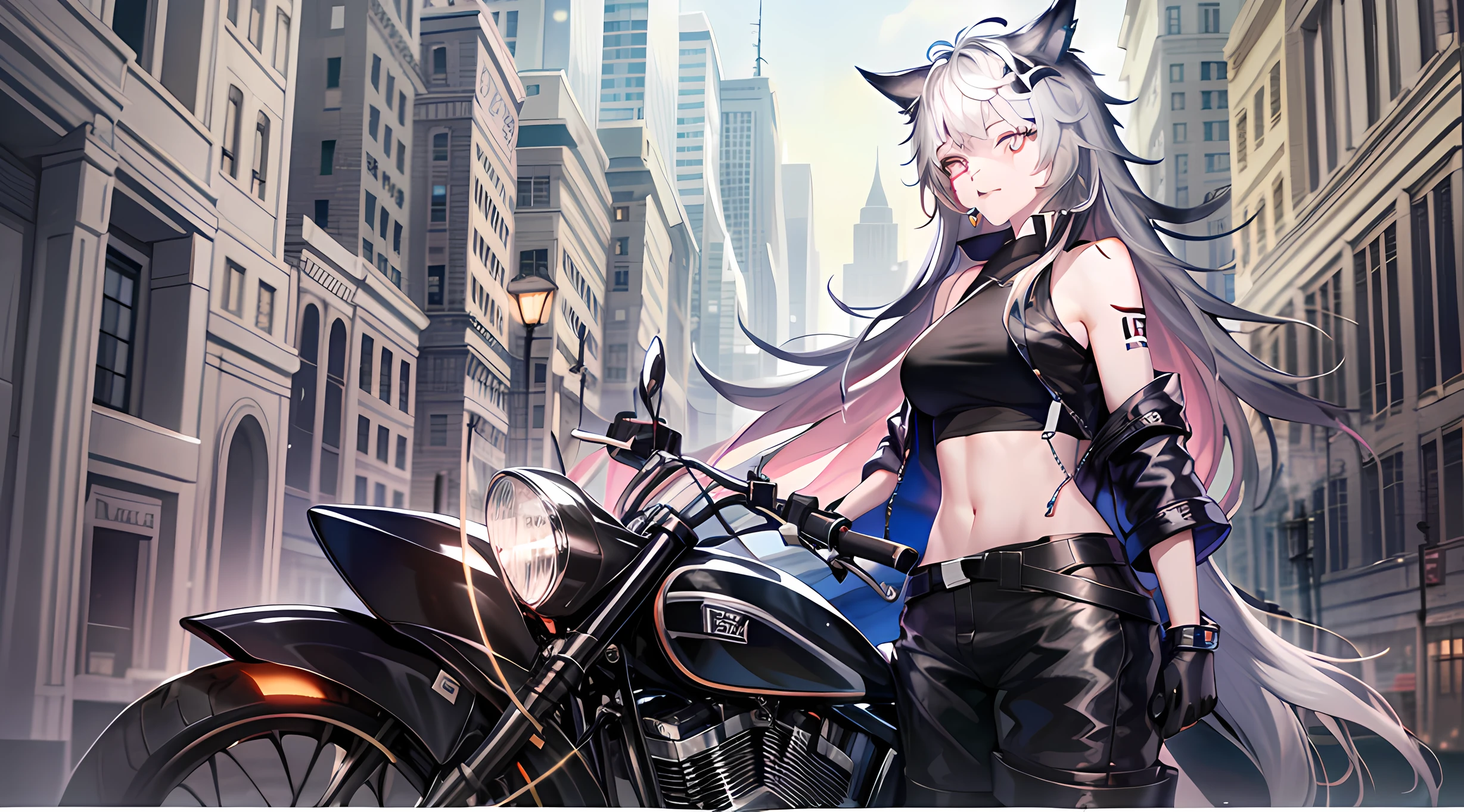 original_outfits,1girl,solo,ground_vehicle, motor_vehicle, motorcycle,pale-skinned_female, long_hair,boots, pants, navel, crop_top, on_motorcycle, jacket, logo,gloves, floating_hair,earrings, off_shoulder, open_jacket, midriff, black_footwear, multicolored_hair, bare_shoulders, helmet_removed, open_clothes, cross_earrings, sleeveless, jewelry, bangs, long_sleeves,