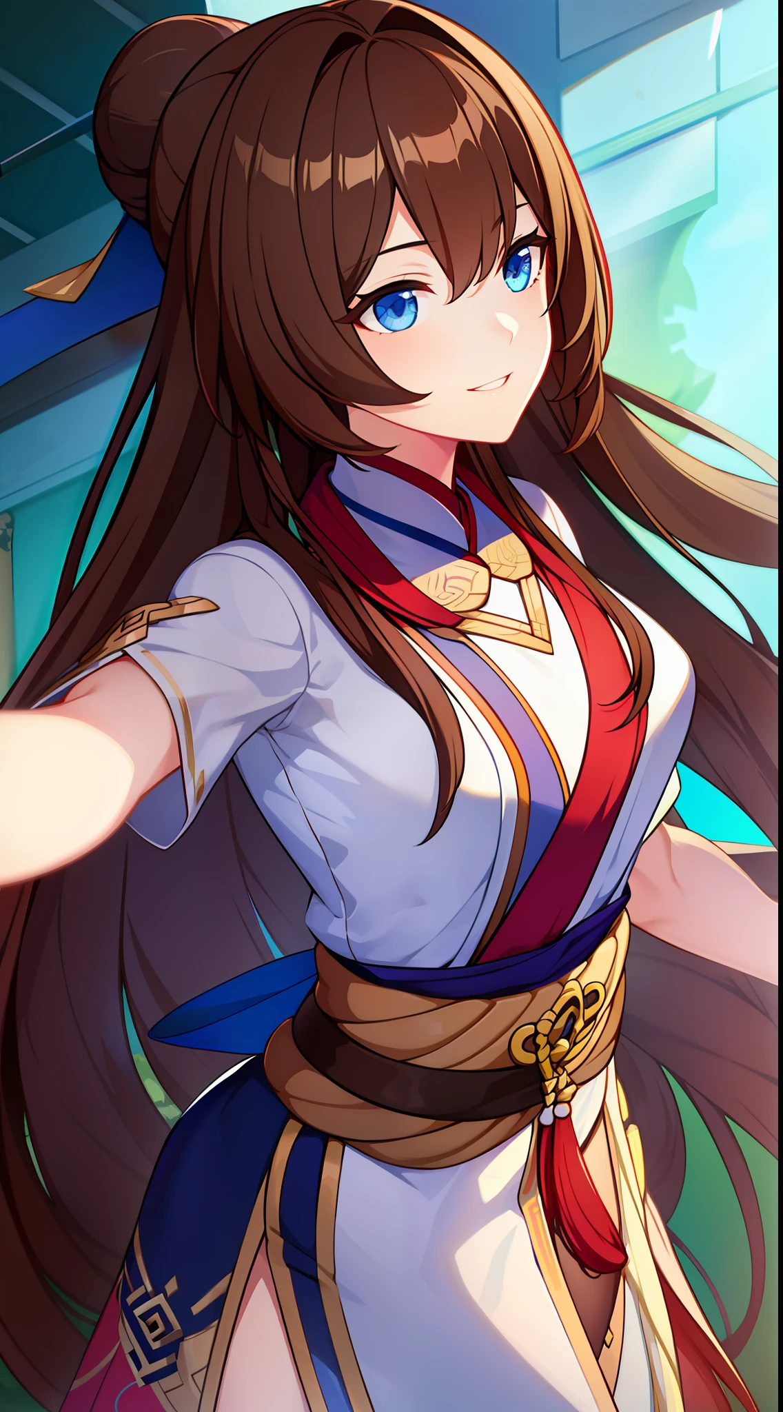 young girl, Long brown hair, Two beams, blue eyes, Hanfu, ssmile, flute, Masterpiece, hiquality