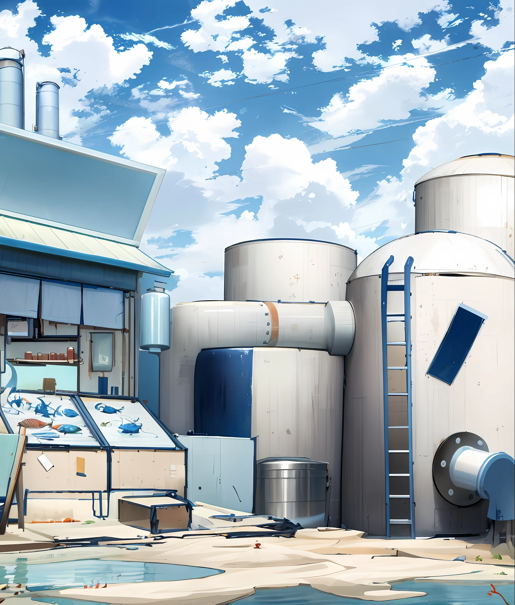 Japanese seafood restaurant,Japan Sushi Restaurant,refrigerator ,Large water storage tank,The ground is full of water,The water is drained from the jar,A little perspective,high qulity,8K,Blue sky,Japanese scene,Shinkai sincerely,animation scene,Light blue water storage tank,