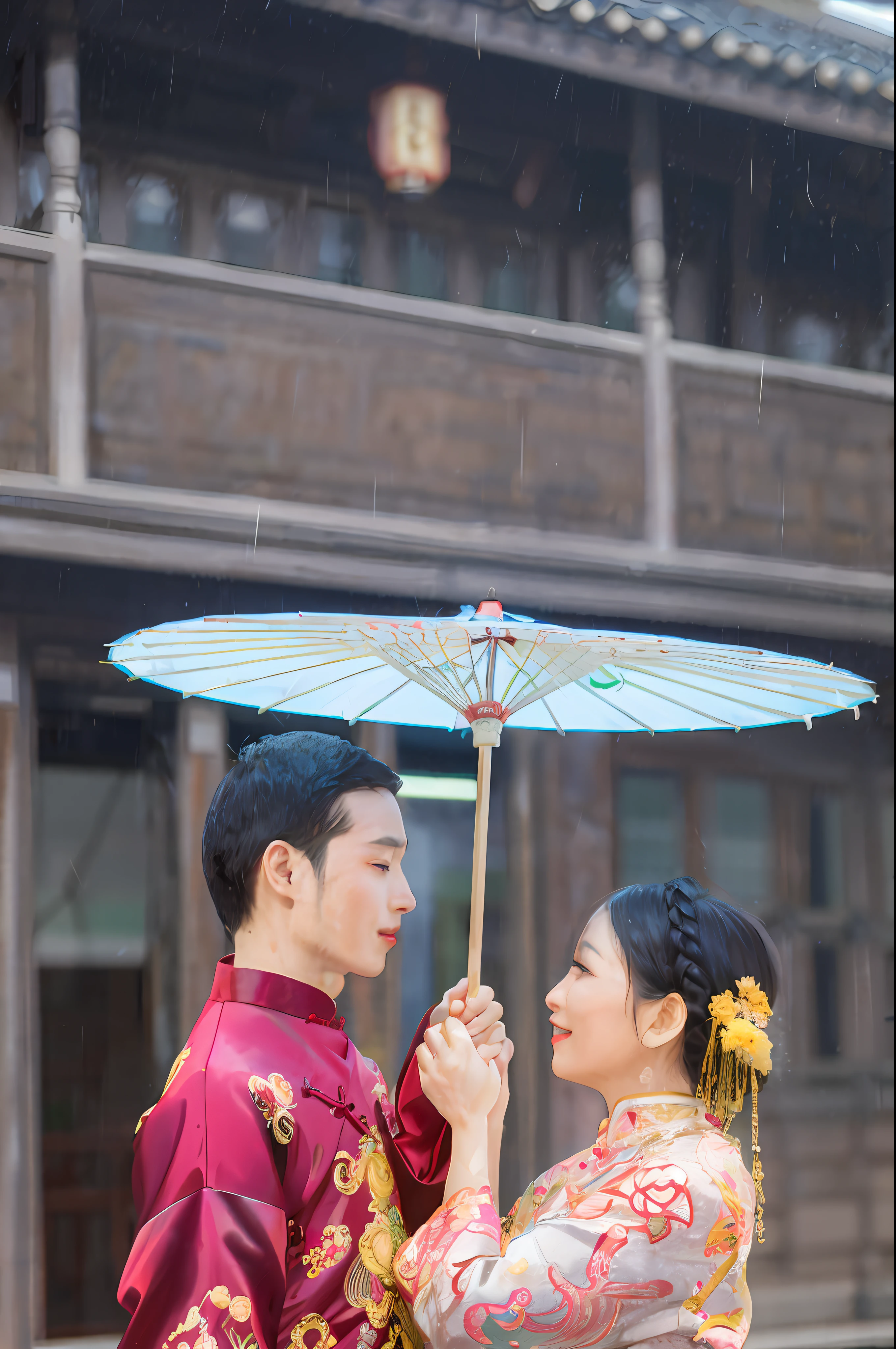 They stood in the rain，holding an umbrella in her hand, Chinese traditional, Traditional Chinese clothing, with acient chinese clothes, Wearing ancient Chinese clothes, shot with canon eoa 6 d mark ii, Chinese style, in forbidden city rainning, Photo taken with Nikon D750