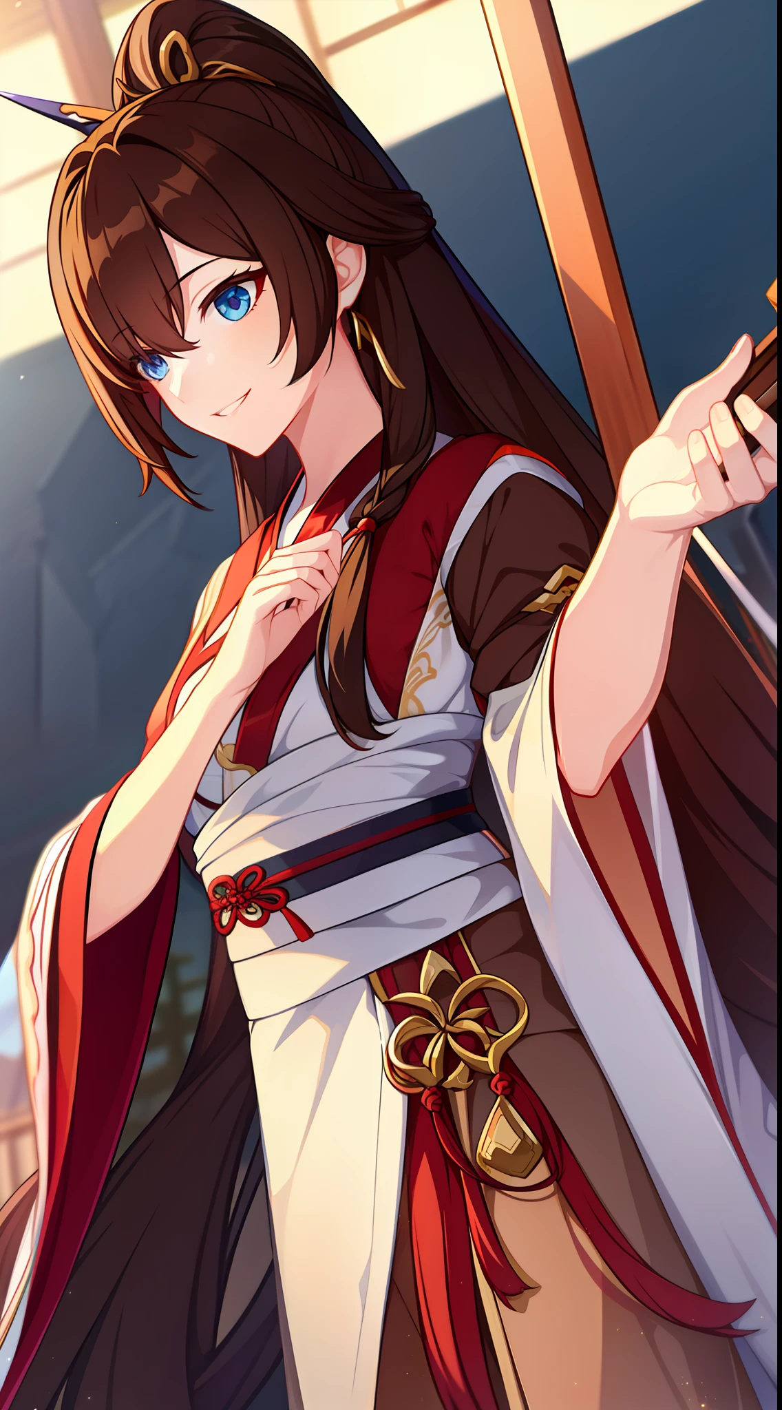 young girl, Long brown hair, Two beams, blue eyes, Hanfu, ssmile, flute, Masterpiece, hiquality