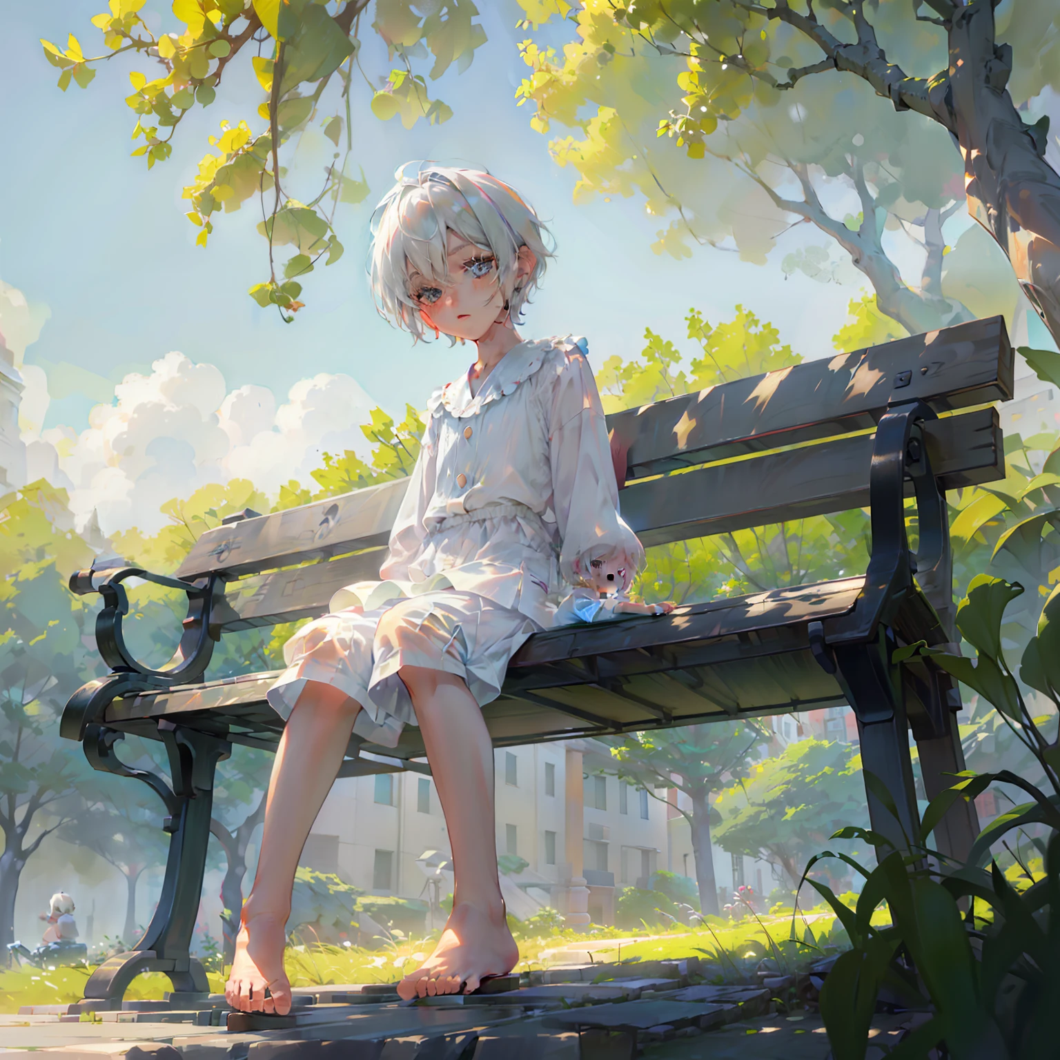 4K), e 7 yeay with white hair and barefoot and romper pajamas, He sits on a bench in the park and shows his feet, und betet, Regentag, Nebel Licht, Impressionismus, 2D, (Dornen: 1.1), (toter Baum: 1.1) Focused on the feet,