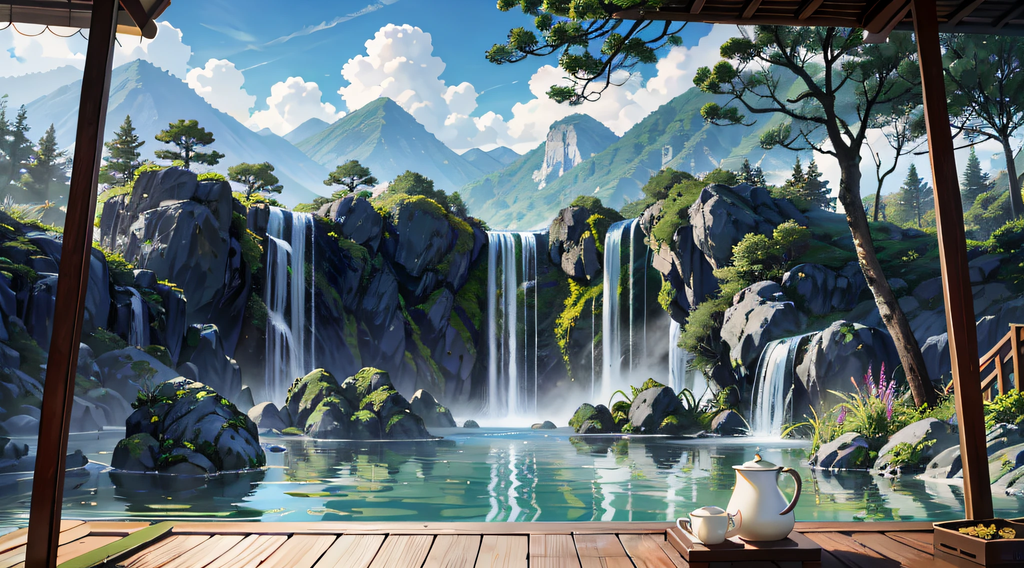 Chinese antiquity、springtime、jungles、lakes、hole in the mountains、waterfallr，The tree、grassy fields、Rochas、fawn、hot onsen、hydrosphere、（illustratio：1.0）、Epic composition、Realistic lighting、high definition detail、tmasterpiece、Best quality，（非常详细的 CG 统一 8k 壁纸)