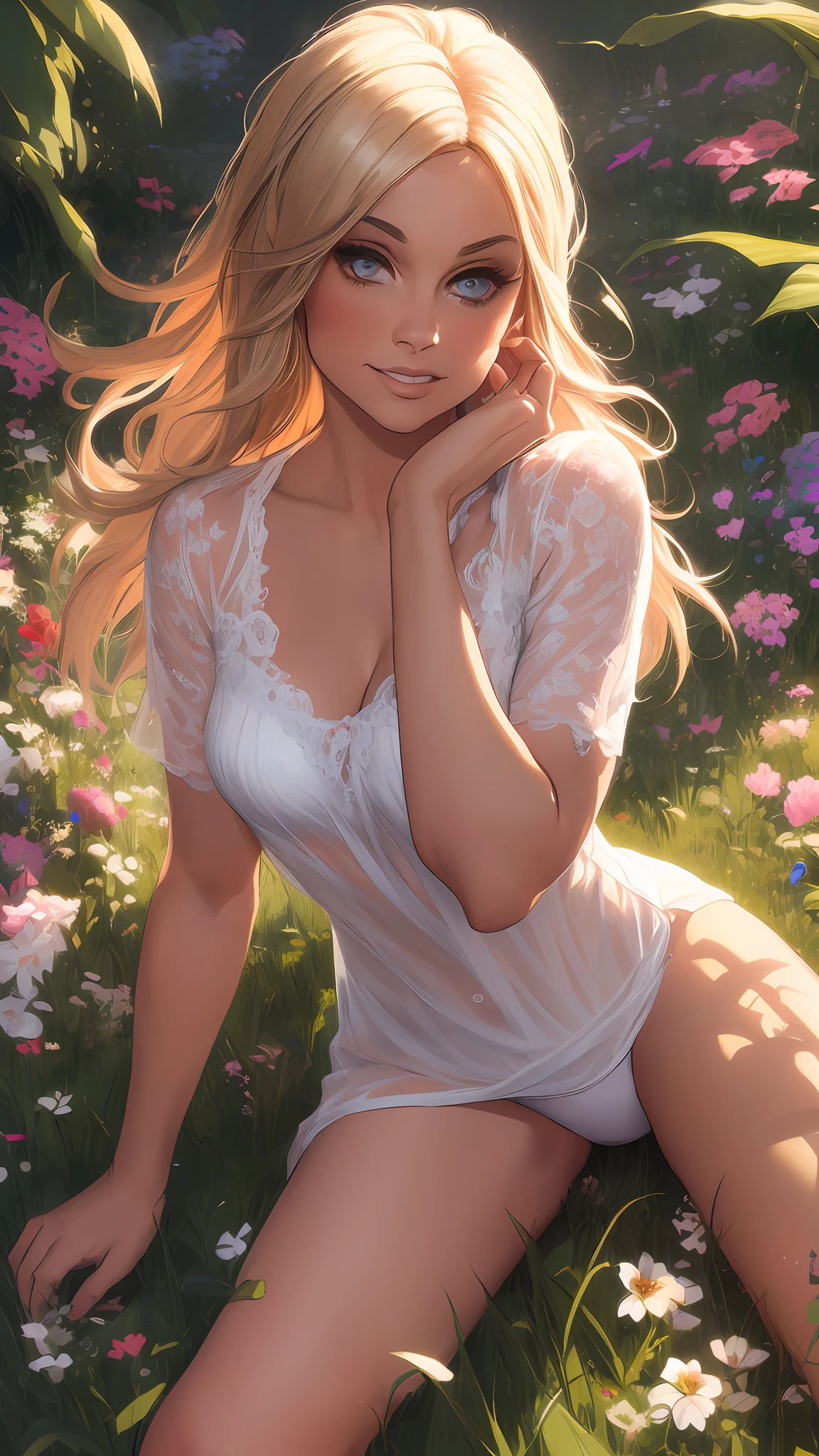 melancholy lighting, quiet, calm, brightness, masterpiece, best quality, 1girl, (JinxLol:1.2), (ultra photorealistic:1.3), (masterpiece:1.4), best quality, ((realistic)), high quality, ultra detailed, ((Real image)), ((realistic skin)), ((realistic face)),(illustration:1.05), (beautiful:1.05), (beautiful detailed eyes:1.05), (cinematic light:1.1), Full body, precise proportions, 18-year-old girl, skinny model lying on the grass, surrounding garden, tree shadow, GINGER BLONDIE hair fluttering in the wind, tulle, long legs, slightly open feet, buttocks, blush, shyness, collarbone, abdominals, double weave, beautiful and delicate face, fair skin, real skin, (face detail), pores, super high resolution, 8k, parameters Best quality, masterpiece, super high resolution, (Realistic 2.0), More details, detailed skin, transparent RED panties, wide smile, white teeth, GINGER BLONDIE hair voluminous, perfect and well designed eyes, girlfriend, beautiful, beautiful, flowers, studio lighting