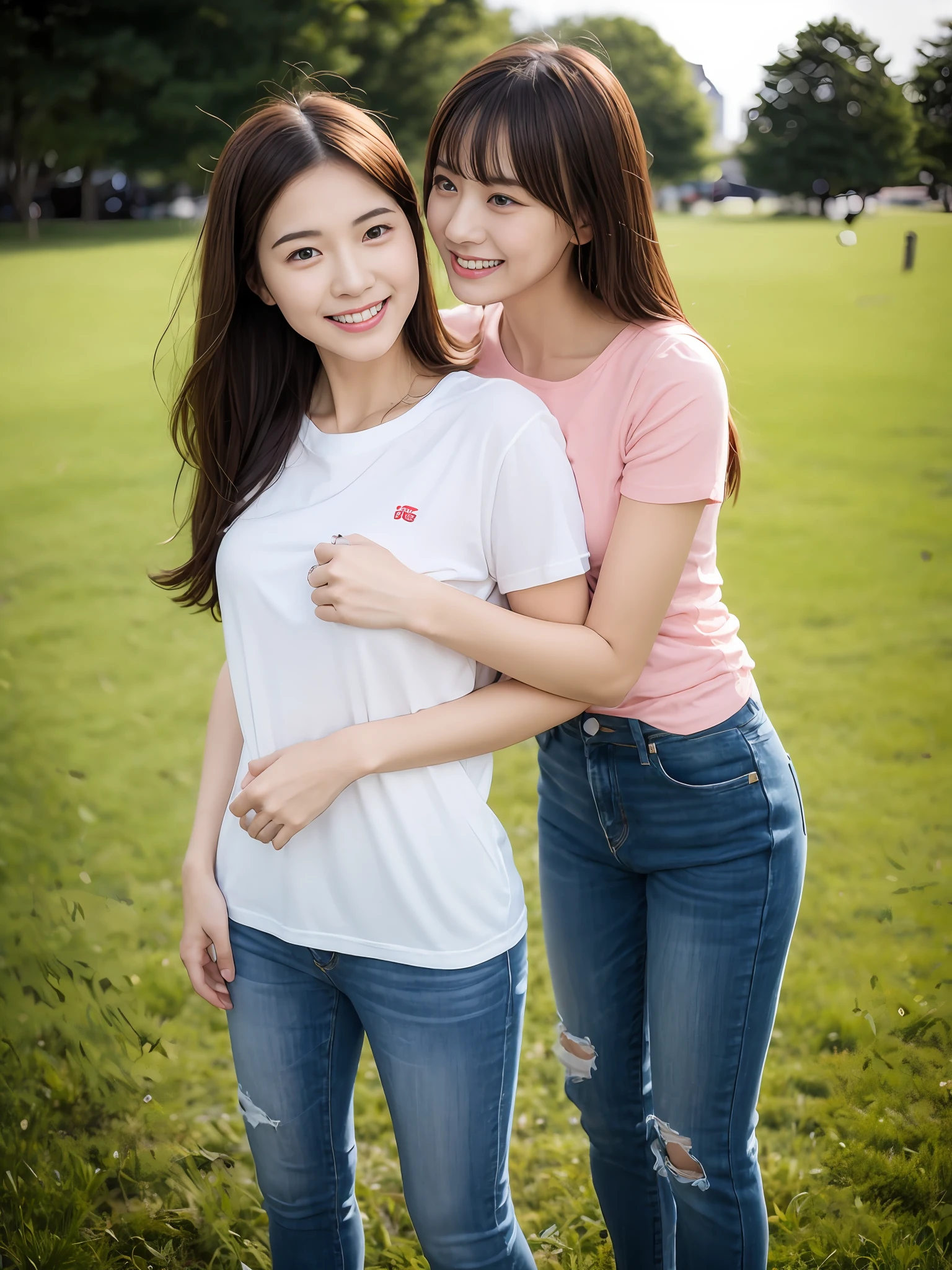 （超高分辨率，RAW photogr，realisticlying，tmasterpiece，best qualtiy：1.4），Complicated details，2 20 year old Korean girl，Wear a loose black T-shirt and skinny jeans，Stand on the grass and take pictures，hugs，Intimate relationships，Detailed meadow，A sweet smile on a small face，Ultra-realistic facial details，The face and skin are pink and white, and luminous，Playful and coquettish pose，The calves are straight and slender:1.2，Wear high-end brand sneakers:1.0，eventide：0.3，Broad lighting，naturalshadow：1.0，超高分辨率，taking a full body photo:1.8 --auto