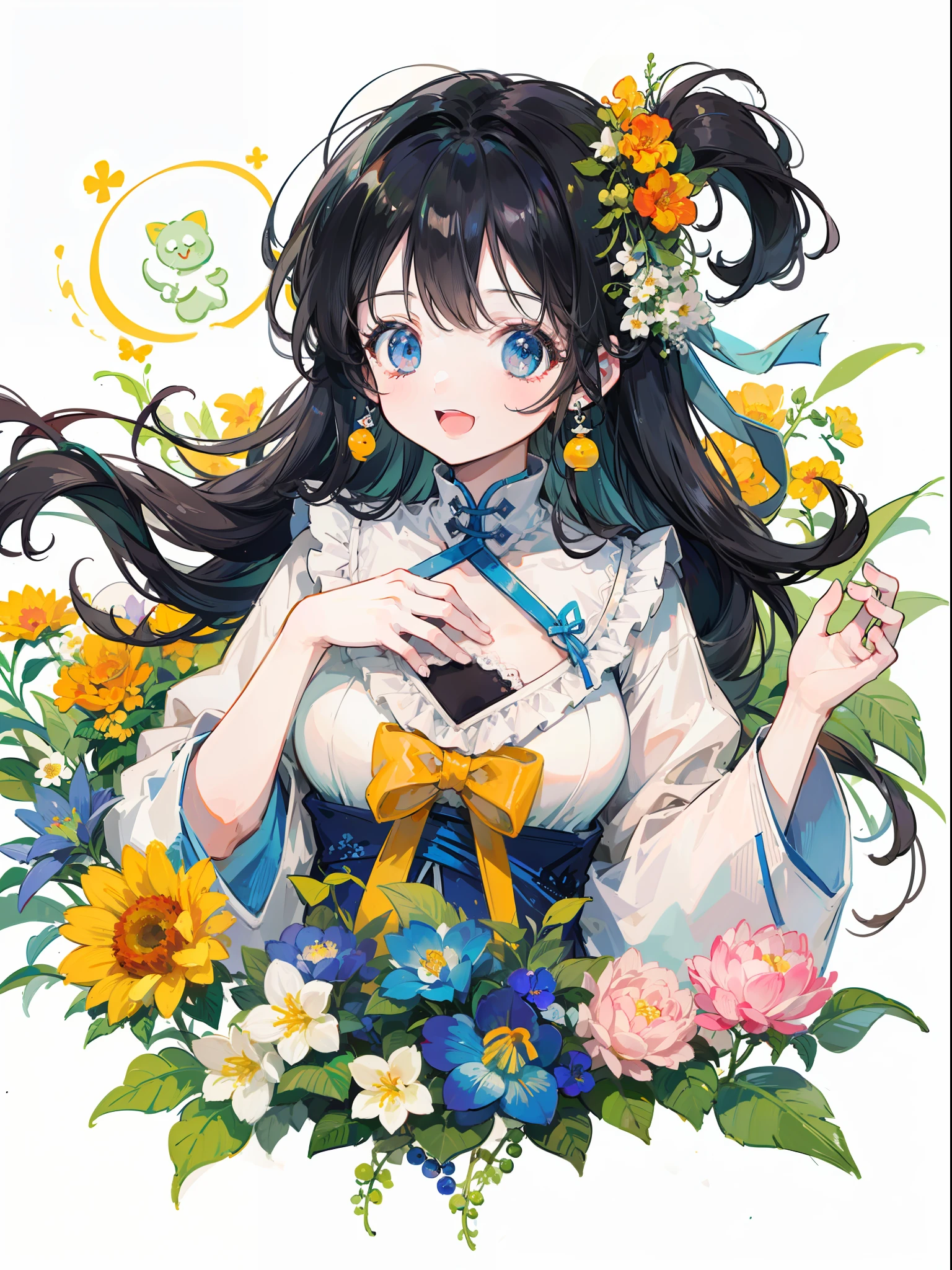 Background overflowing with many flowers、Close-up of a woman laughing with a big smile。There are also many flowers in the hair。Cute illustrations full of happiness。Extremely high quality、high-level image quality、Extremely delicate drawing。Rarely seen workmanship