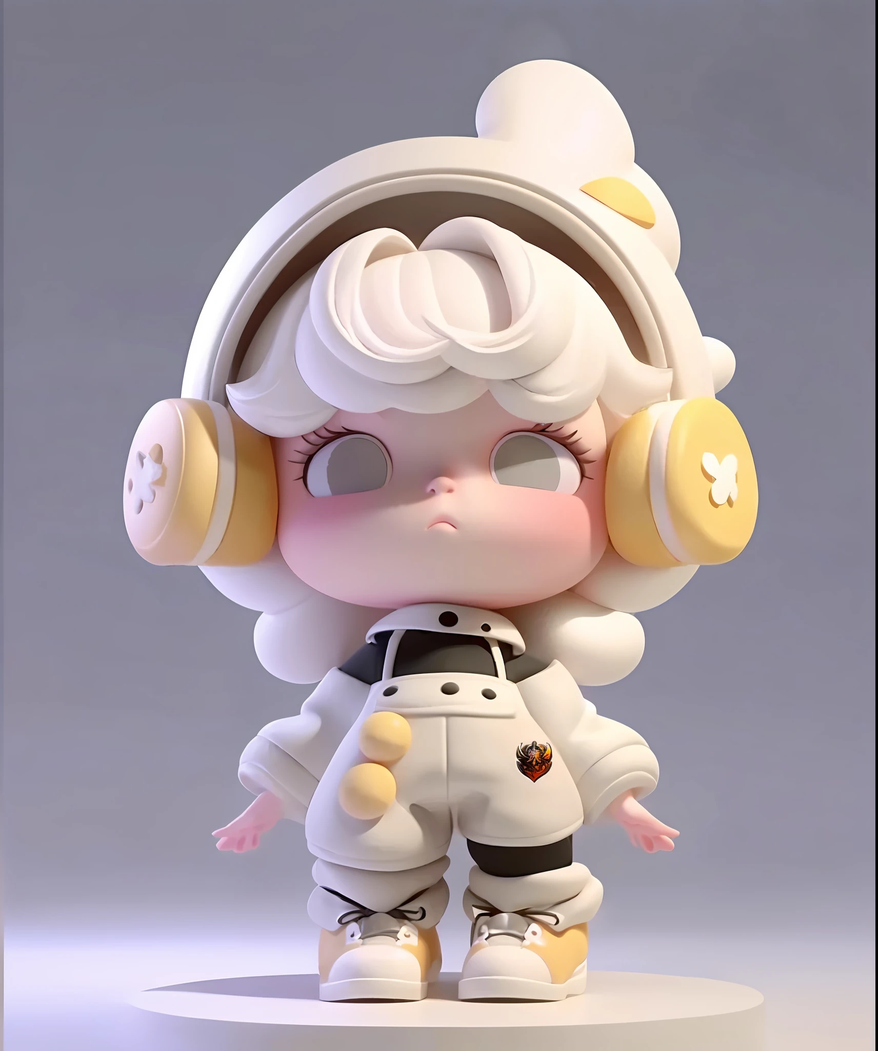 Close-up of toy with white costume and headphones, cute 3 d render, render of a cute 3d anime girl, high quality character design, 3 D character art, cute character, Cute cartoon character, 3 d render stylized, Cute! C4D, 3 D rendering character art 8 K, Stylized anime, vinyl toy figurine