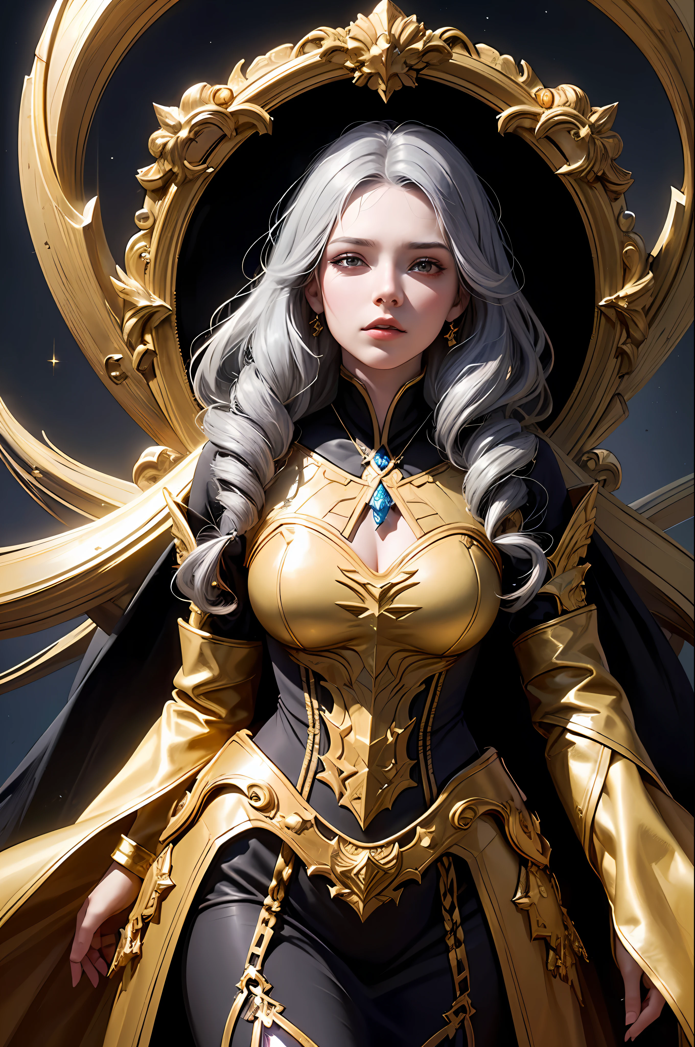 (Front Focus), (In the Dark: 1.6), A Woman Wearing Gorgeous Golden Robe, Fantasy Art, Photo Realism, Dynamic Lighting, Artstation, Poster, Volumetric Lighting, Very Detailed Face, 4 K, Award-Winning 1girl, In the Dark, Deep Shadow, Low Key, Cowboy Shot, (Official Uniform: 1.4), Long Hair, Gray Hair