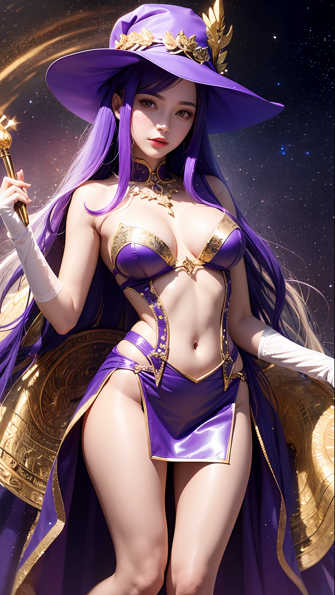 1girll, sorceress woman,red pupils,Gorgeous Hair in Long Purple,flowy,crisp breasts,Toned Thighs,Red tattoo on the thigh,Purple wizard hat,Golden decoration,Purple bandeau dress,Golden decoration,White long-sleeved gloves,White lace knee-length boots,Surrounded by purple tulle,He held a ruby encrusted wand in his hand,starrysky,kosmos,magicle world,Detailed background,Clothing details,perfectly proportioned, Cinematic lighting, filmgrain, Fuji colors, lightand shade contrast, 8K, 巨作, Textured skin, Super detail, high detal, high qulity, A high resolution,