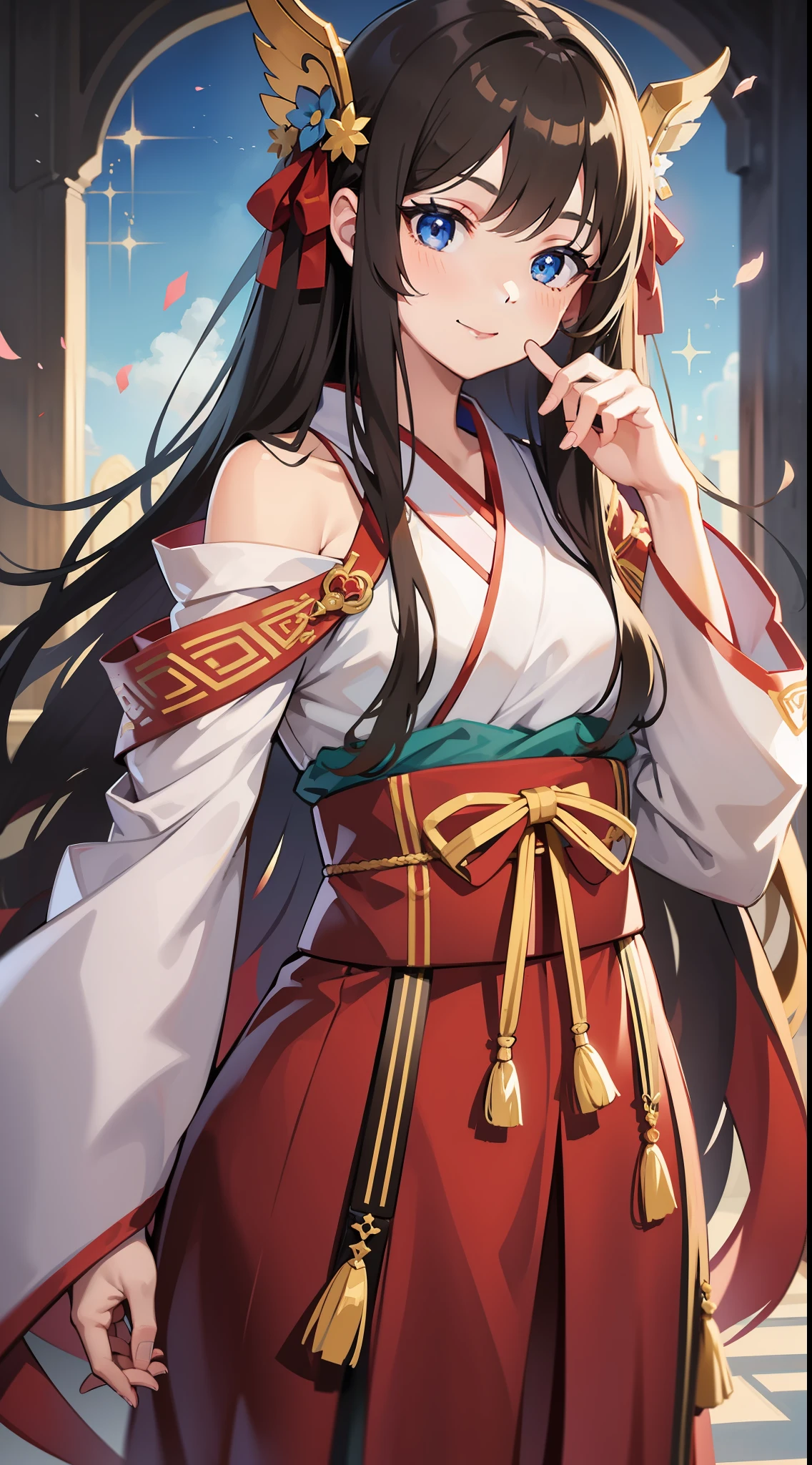 young girl, Long brown hair, Two beams, blue eyes, Hanfu, ssmile, flute, Masterpiece, hiquality