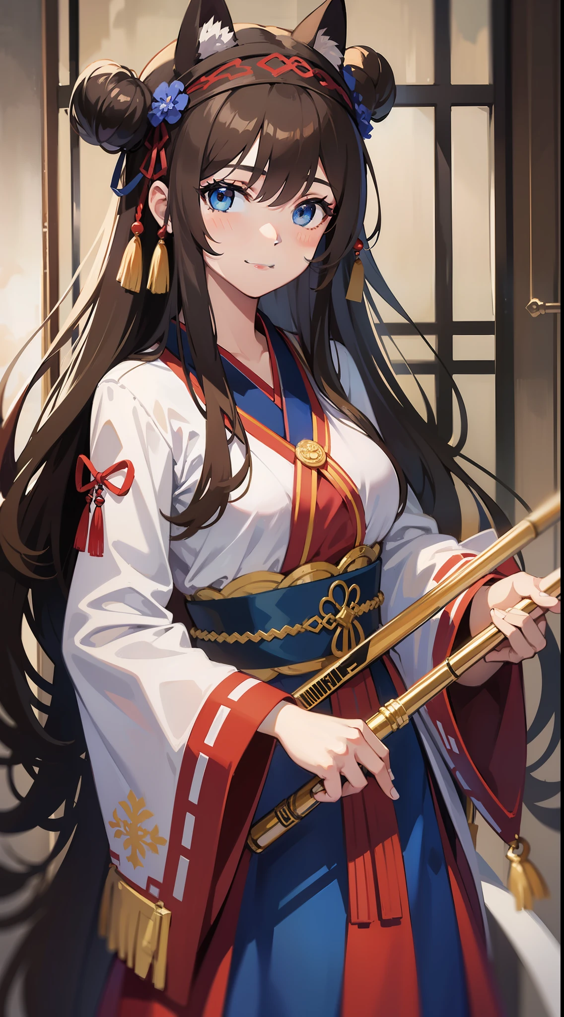 young girl, Long brown hair, Two beams, blue eyes, Hanfu, ssmile, flute, Masterpiece, hiquality