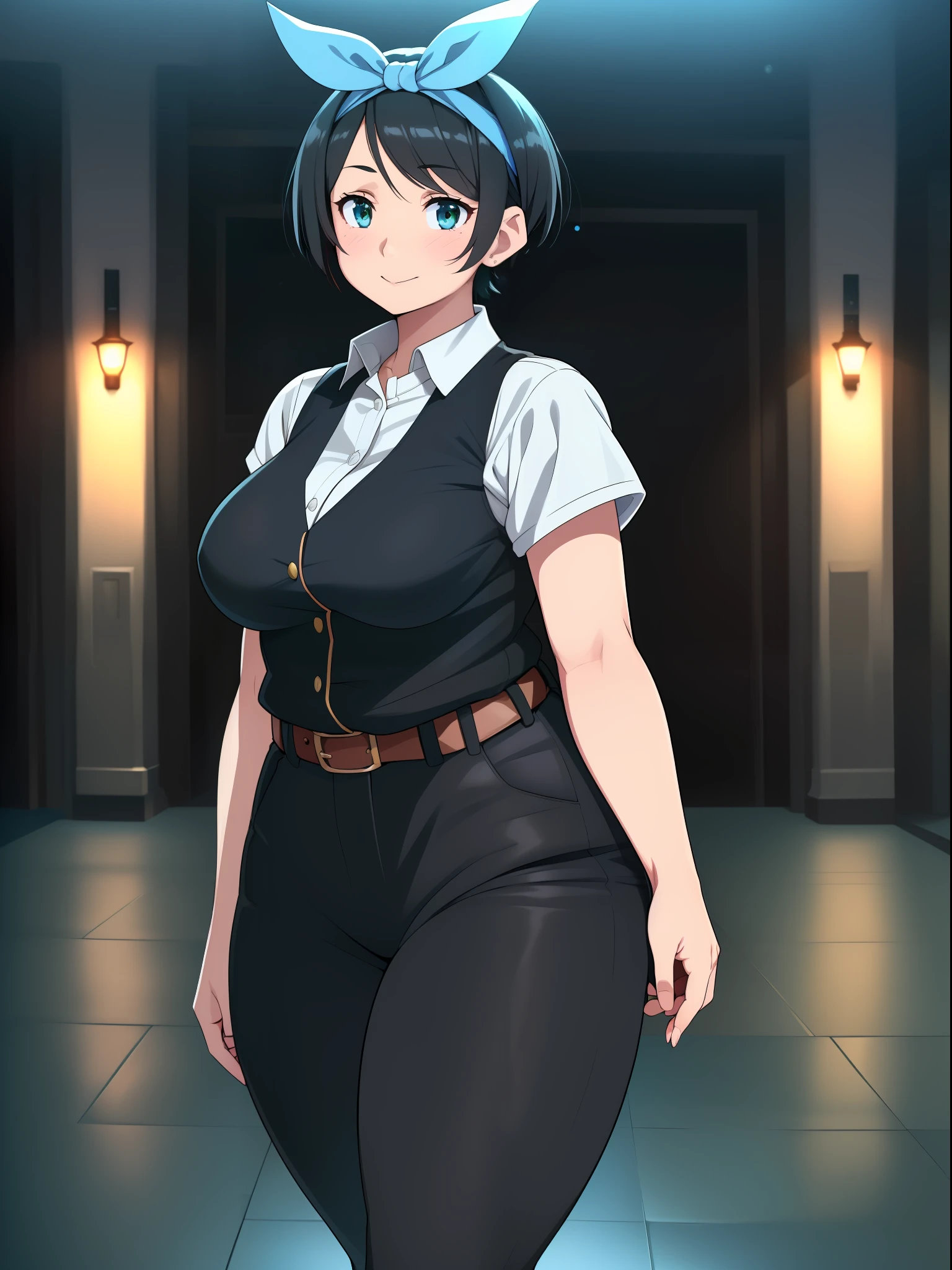 ((((kipteitei art)))), ((highres)),Masterpiece, high quality, best quality, beautiful, perfect lighting, detailed face, ultra cute face, ((1girl)), ((solo), ((((sarashina ruka)))), ((blue hairband)), (dress shirt), (black vest), (black pants), belt, work uniform, (tight clothes), looking at viewer, cowboy shot, sweet smile, cute, cute pose, arms at side, blush, large breasts, perky breasts, (wide hips), (thick thighs), working at movie theater, empty movie theater, movie theater lobby, night time, late shift